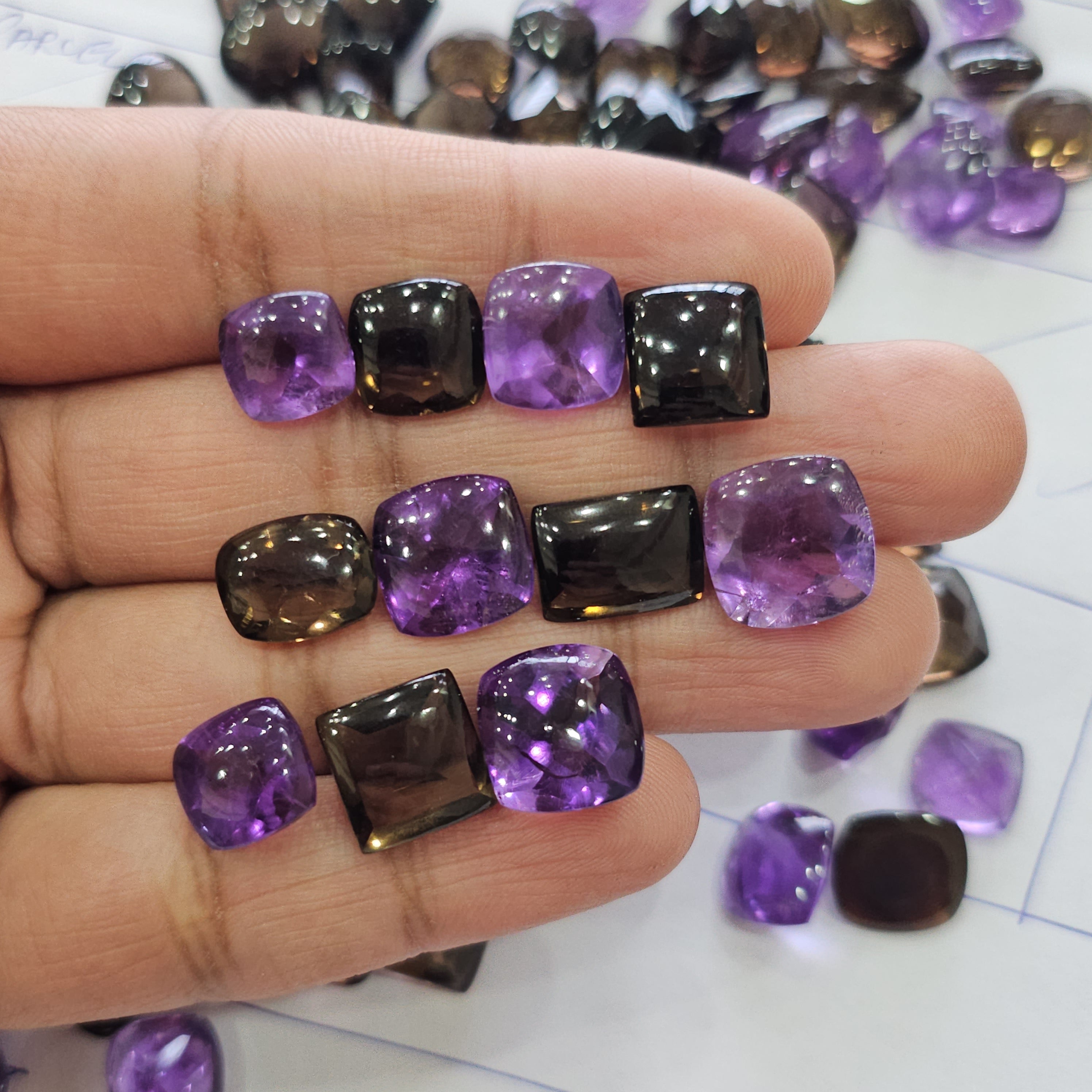 15 Pcs of Buff Top Cut Amethyst and Smoky Quartz | 10mm to 16mm - The LabradoriteKing