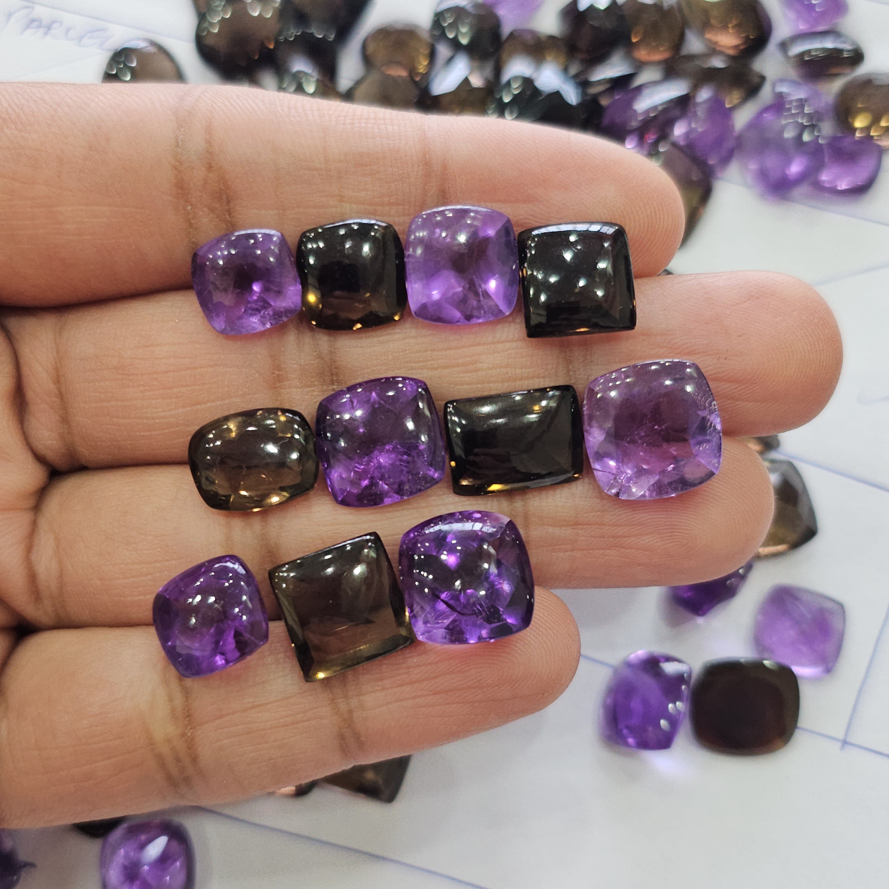 15 Pcs of Buff Top Cut Amethyst and Smoky Quartz | 10mm to 16mm - The LabradoriteKing