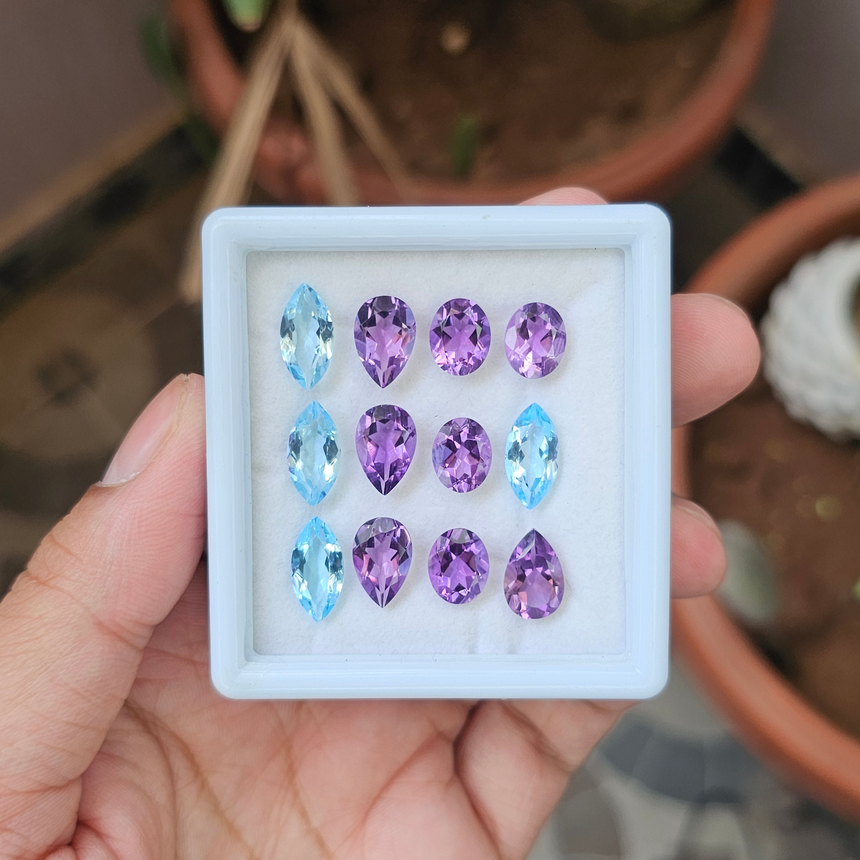 12 Pcs Of Natural Blue Topaz & Amethyst Faceted | Mix Shape | Size: 10-14mm