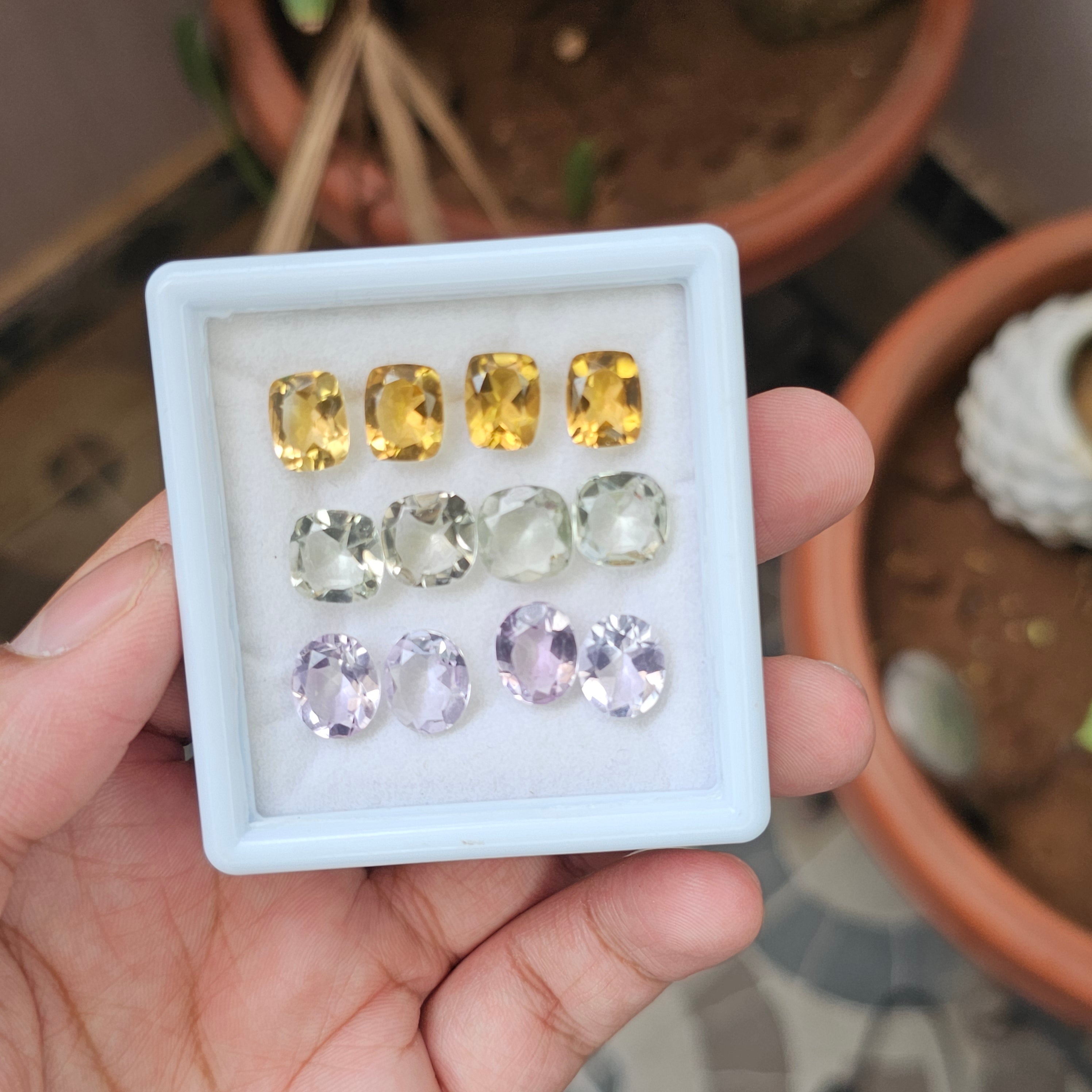 12 Pcs Of Natural Amethyst, Citrine & Green Amethyst Faceted | Mix Shape | Size: 10-11mm