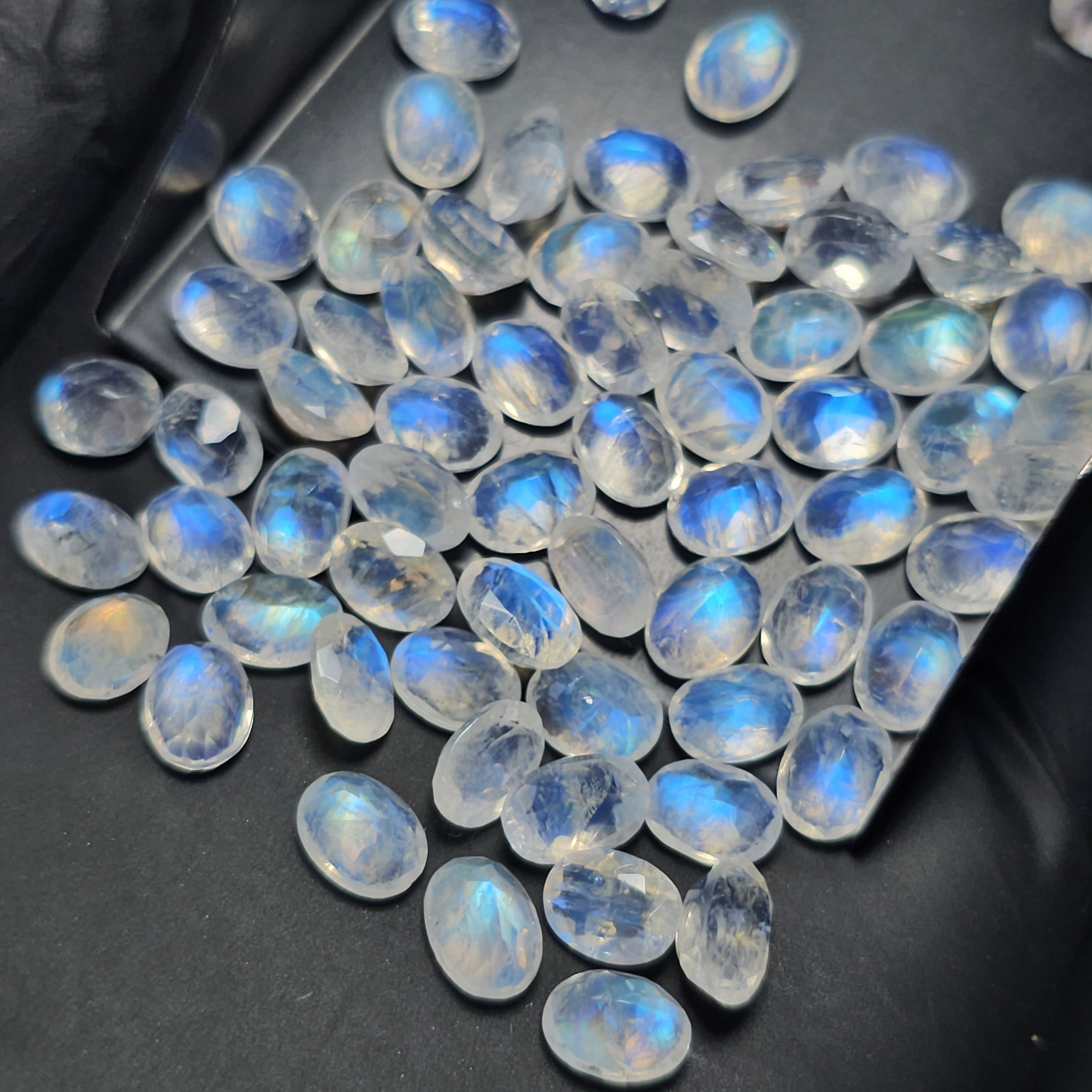 20 Pcs Faceted Rainbow Moonstone Oval Shape | Calibrated Sizes: 6x4mm,7x5mm,8x6mm,9x6mm - The LabradoriteKing