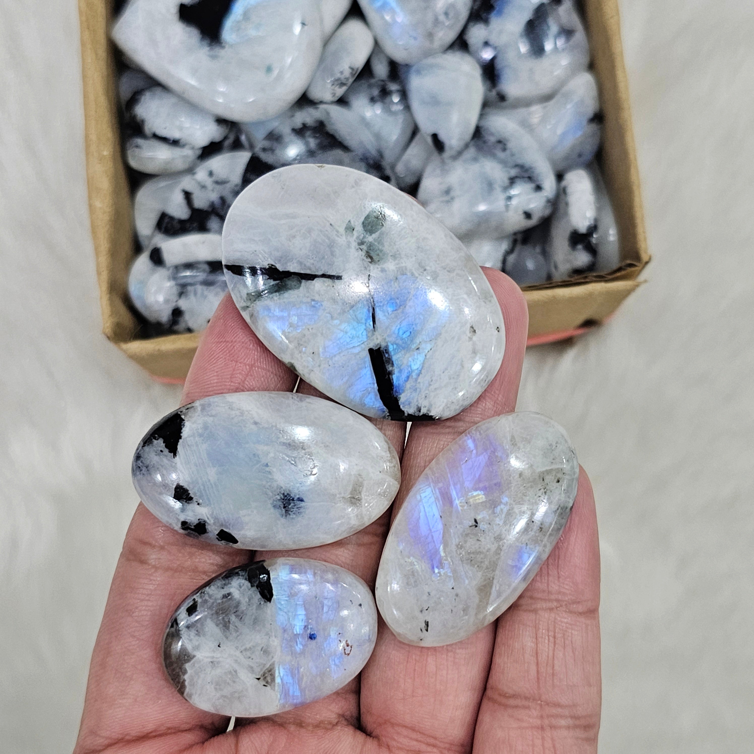 500Gram/ 1KG of Rainbow Moonstone with black Tourmaline Cabochon | Blue Flashs | 1" to 2" Inches | 90-110Pcs - The LabradoriteKing