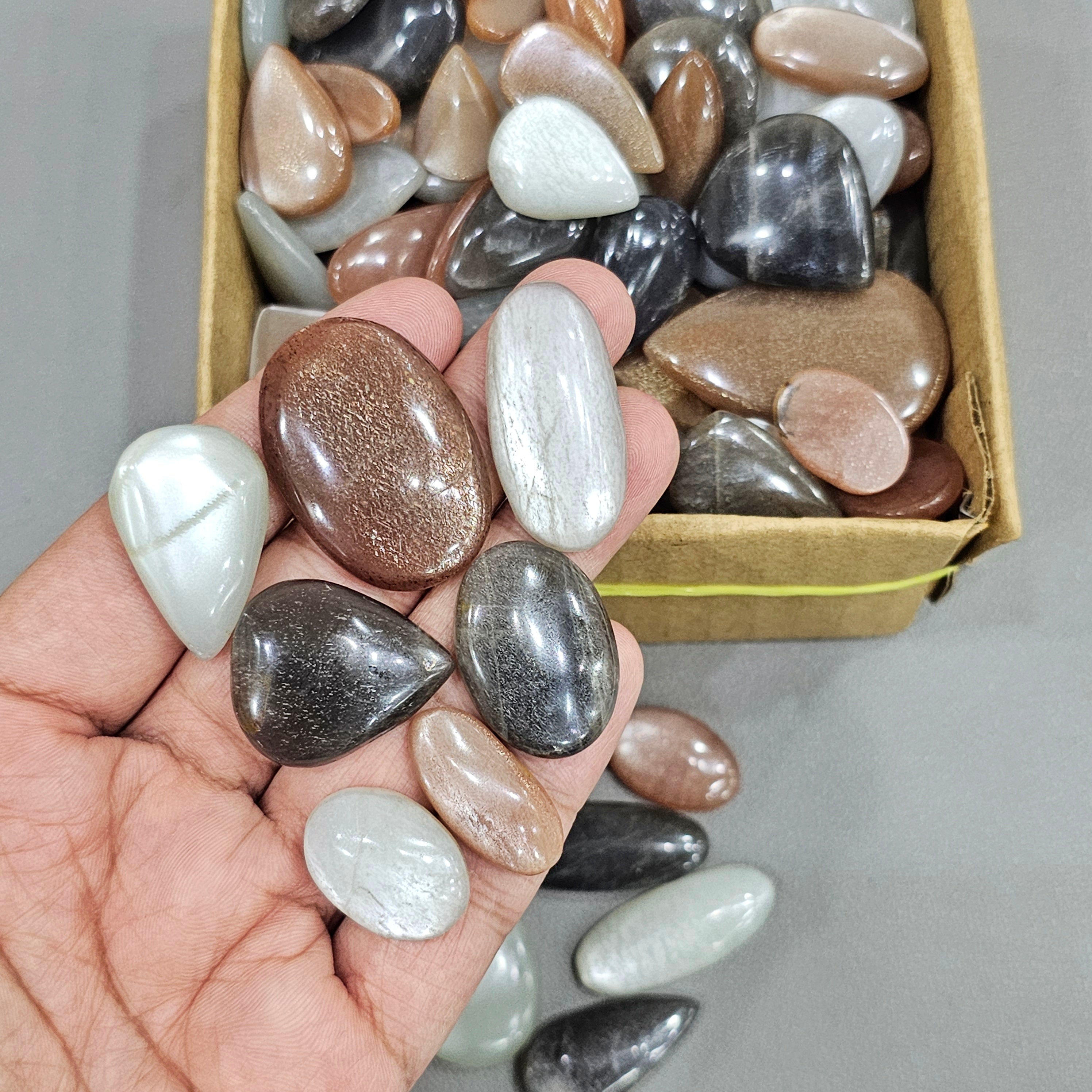 250 Gram/500 Gram of Peach, Gray & Black Moonstones with Flash Cabochon | 1" to 2" Inches | 40-60Pcs - The LabradoriteKing