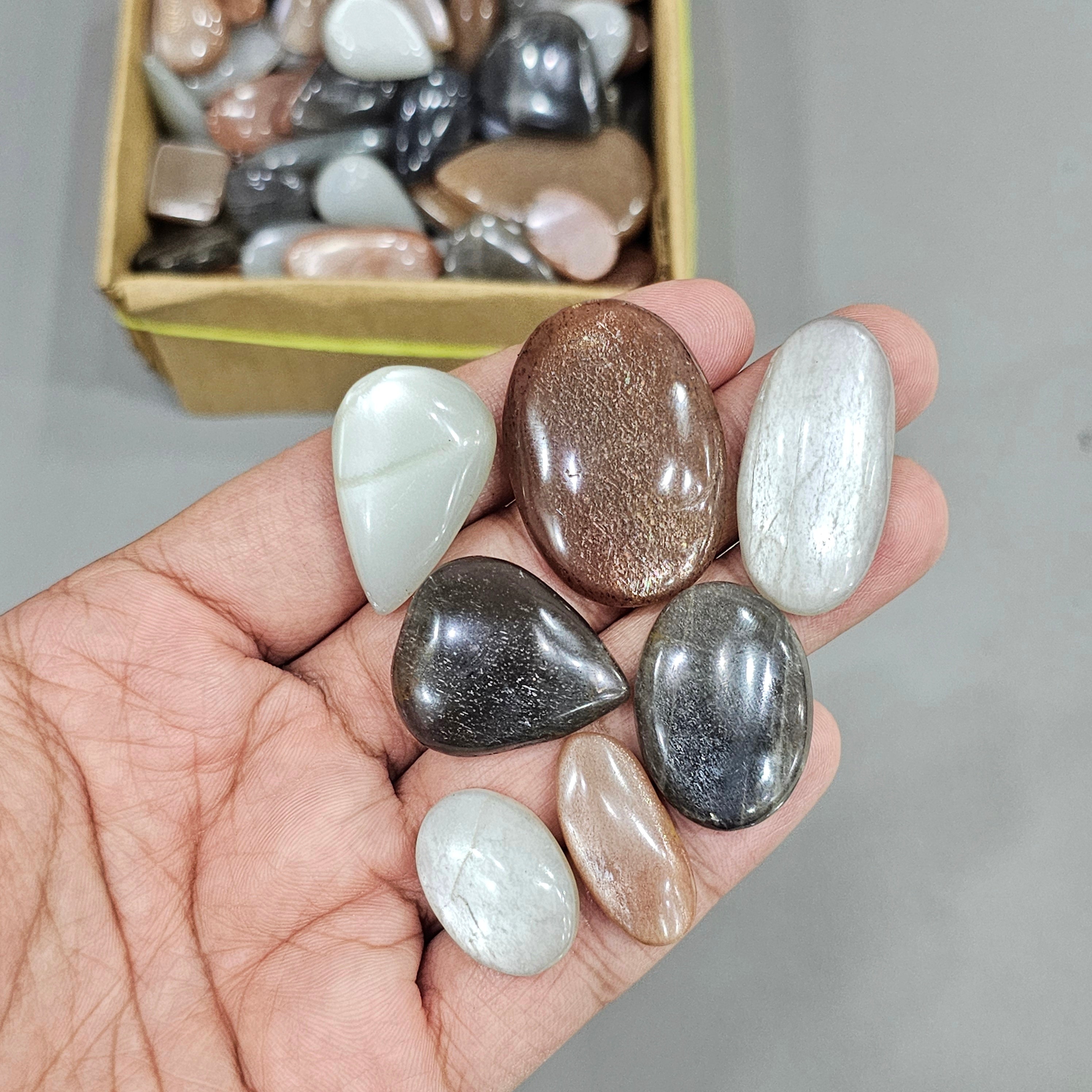 250 Gram/500 Gram of Peach, Gray & Black Moonstones with Flash Cabochon | 1" to 2" Inches | 40-60Pcs - The LabradoriteKing