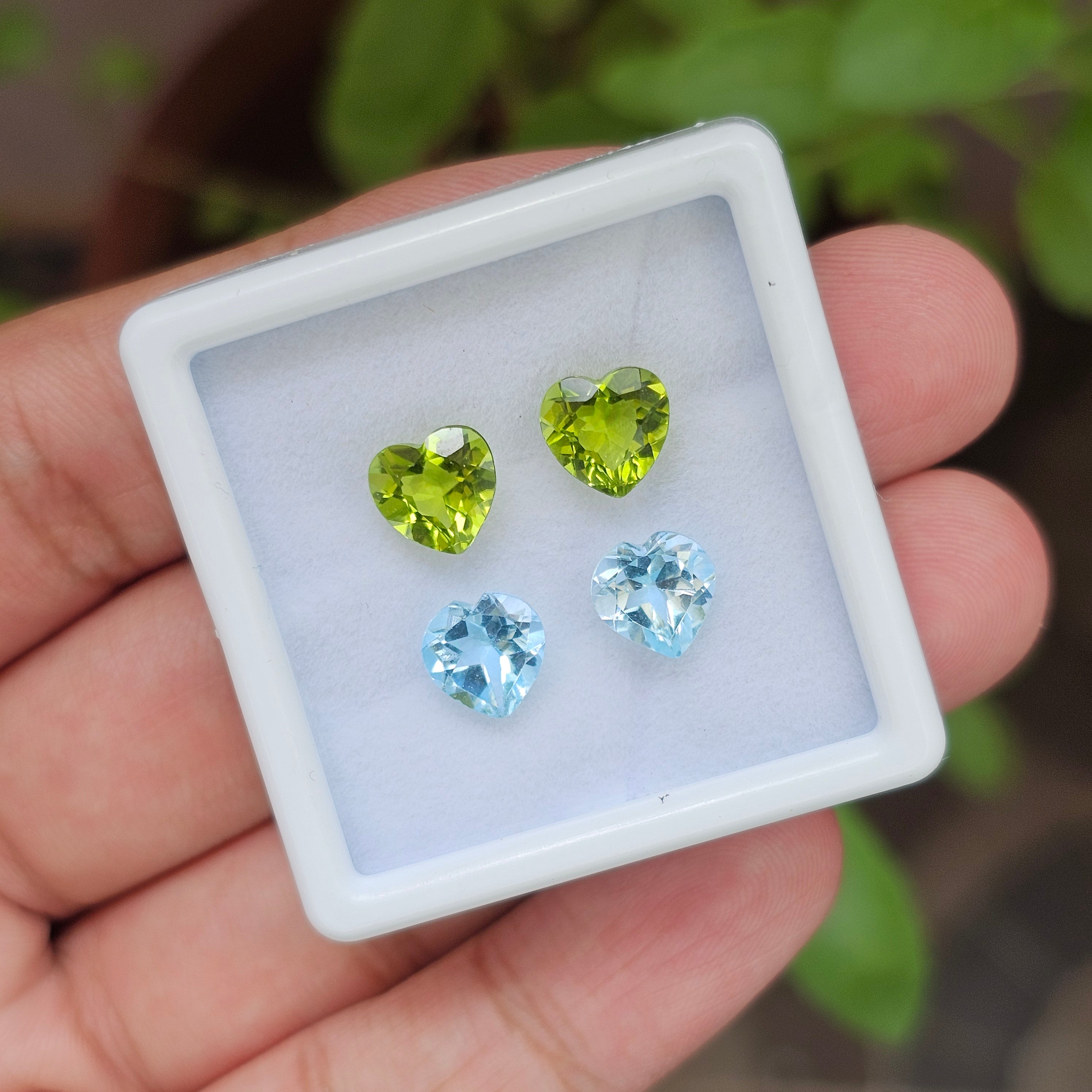 2 Pair Of Natural Peridot & Blue Topaz Faceted | Heart Shape | Size:8mm