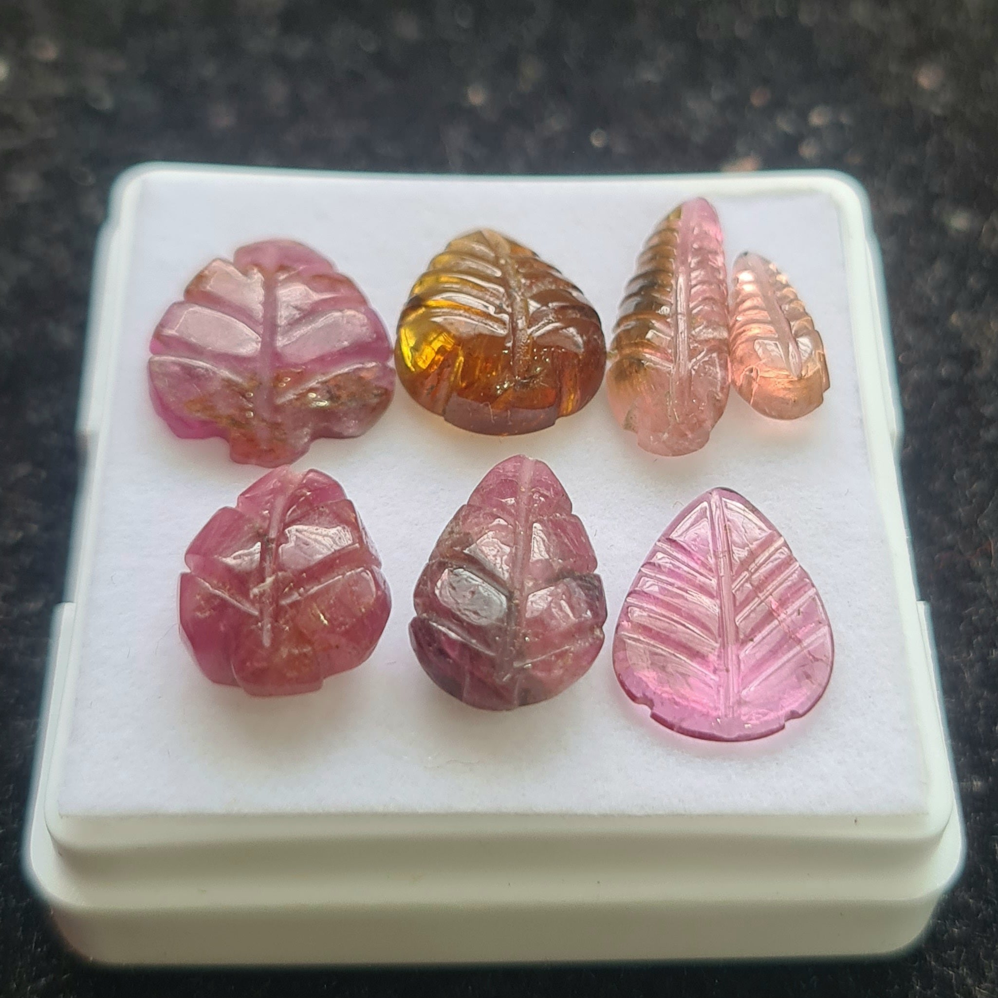 7 Pcs Natural Tourmaline Leaf Carved   |Pear| Size: 11-17mm