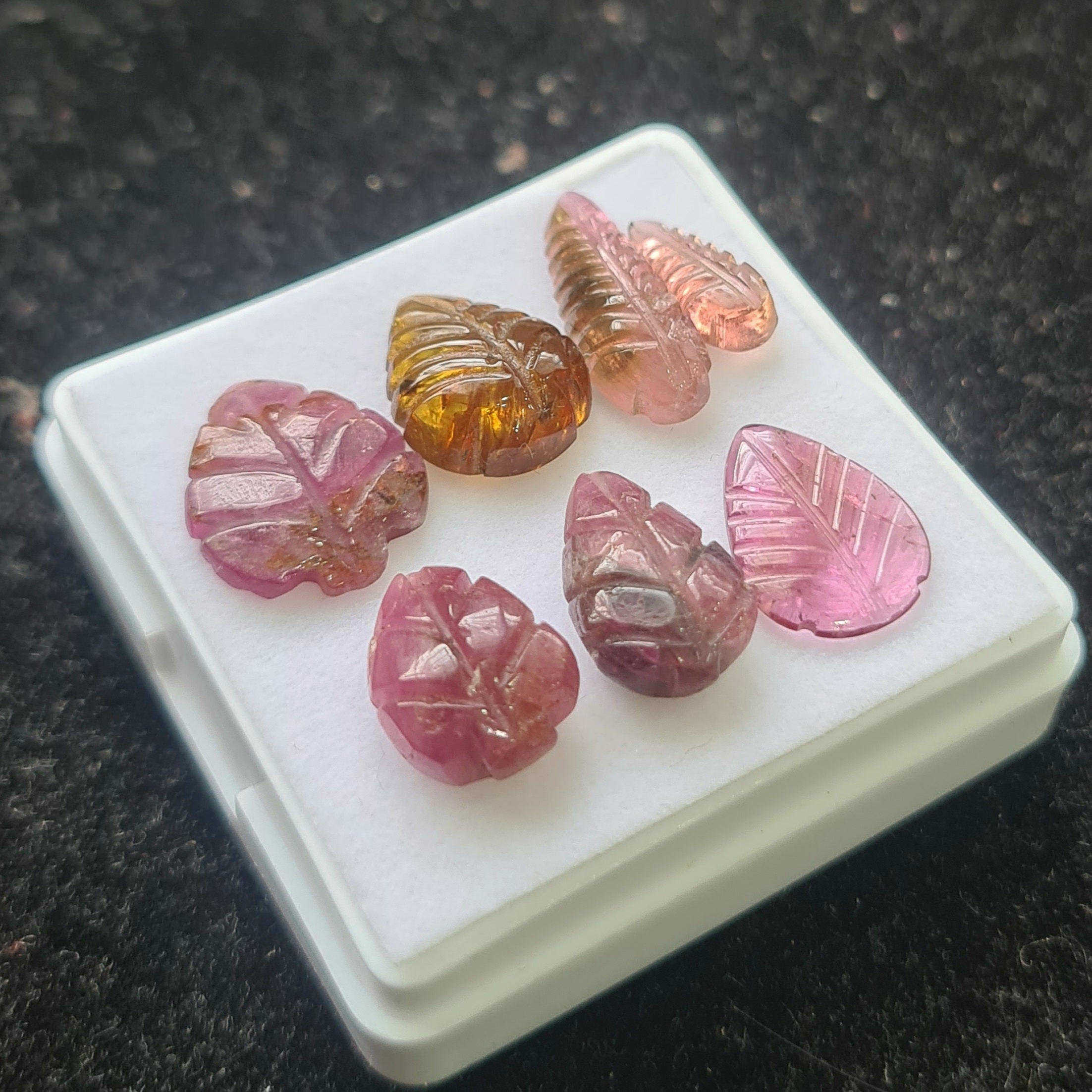 7 Pcs Natural Tourmaline Leaf Carved   |Pear| Size: 11-17mm