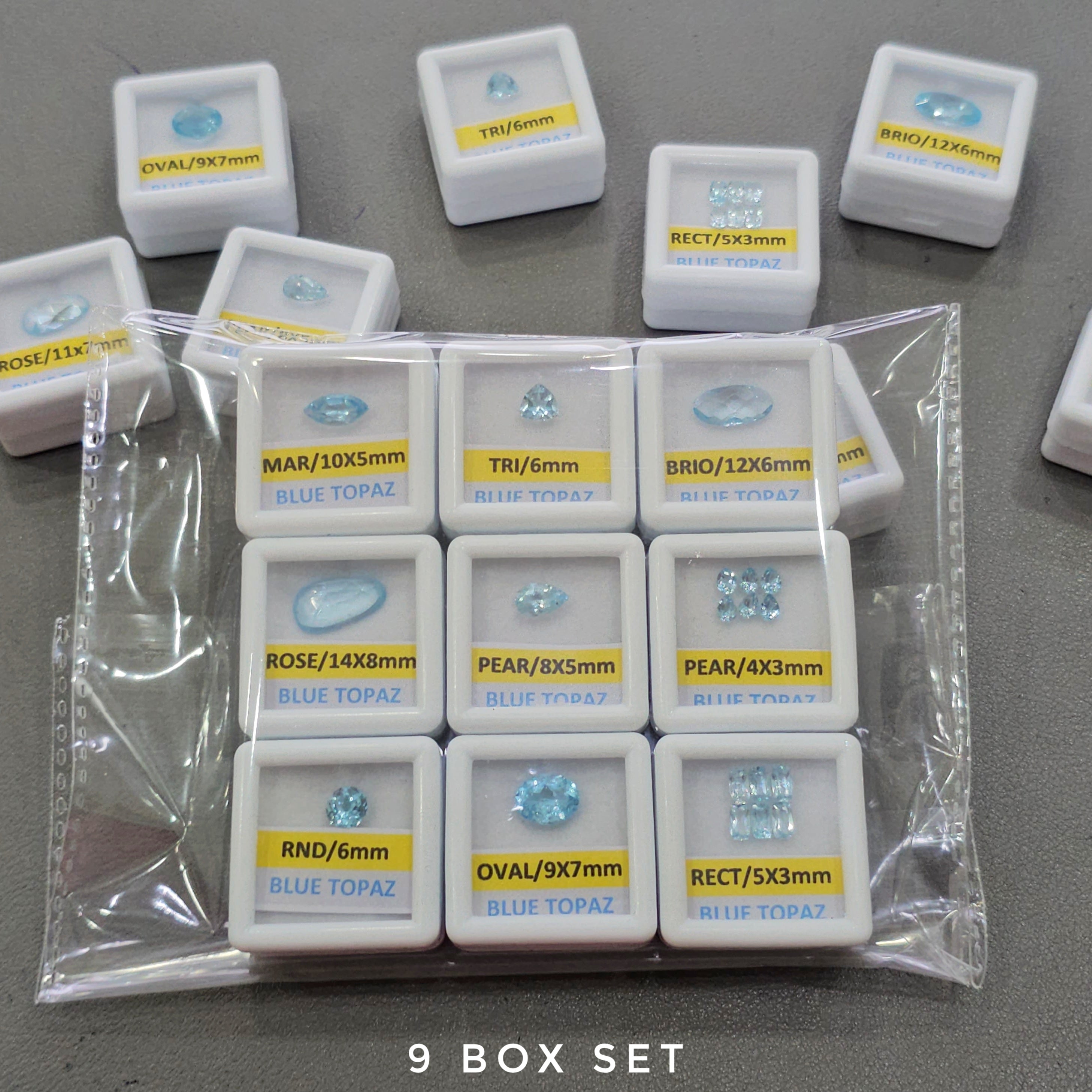 9 Boxes of Natural Blue Topaz | 4–14mm | Premium Quality Gemstones with Boxes