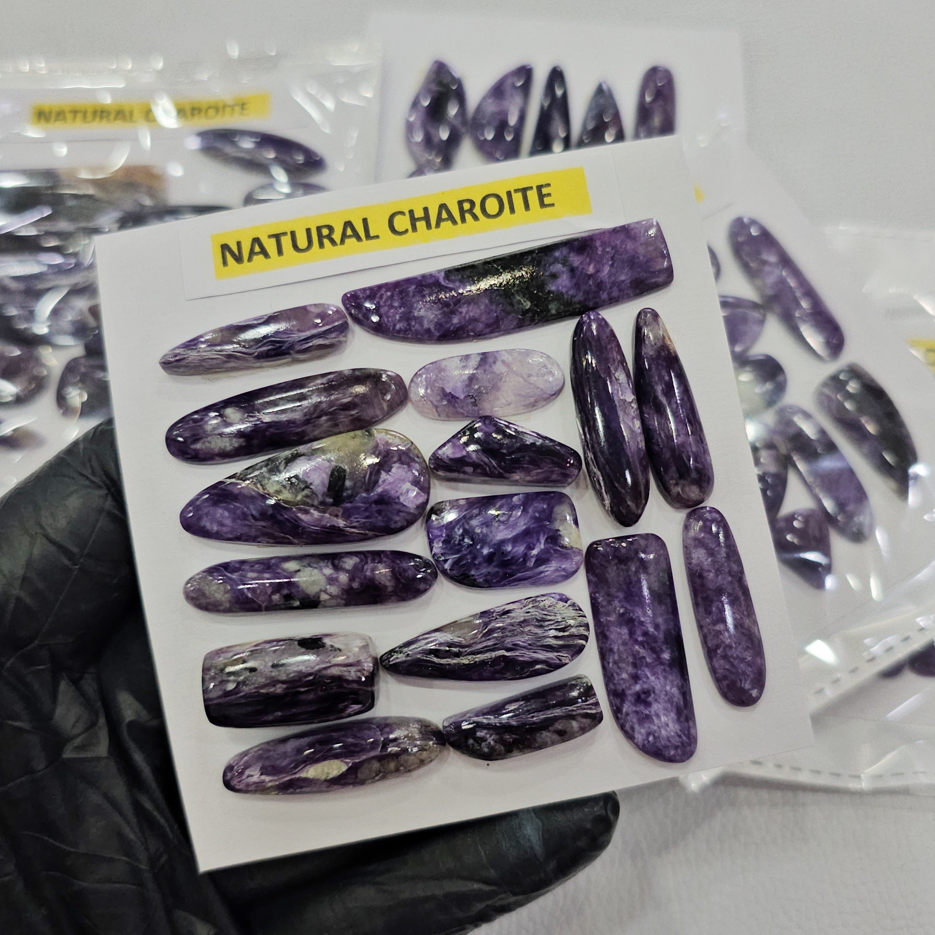 1 Card of Natural Charoite Cabochons | 18–40mm | Mixed Shapes | Rare Purple Gemstones