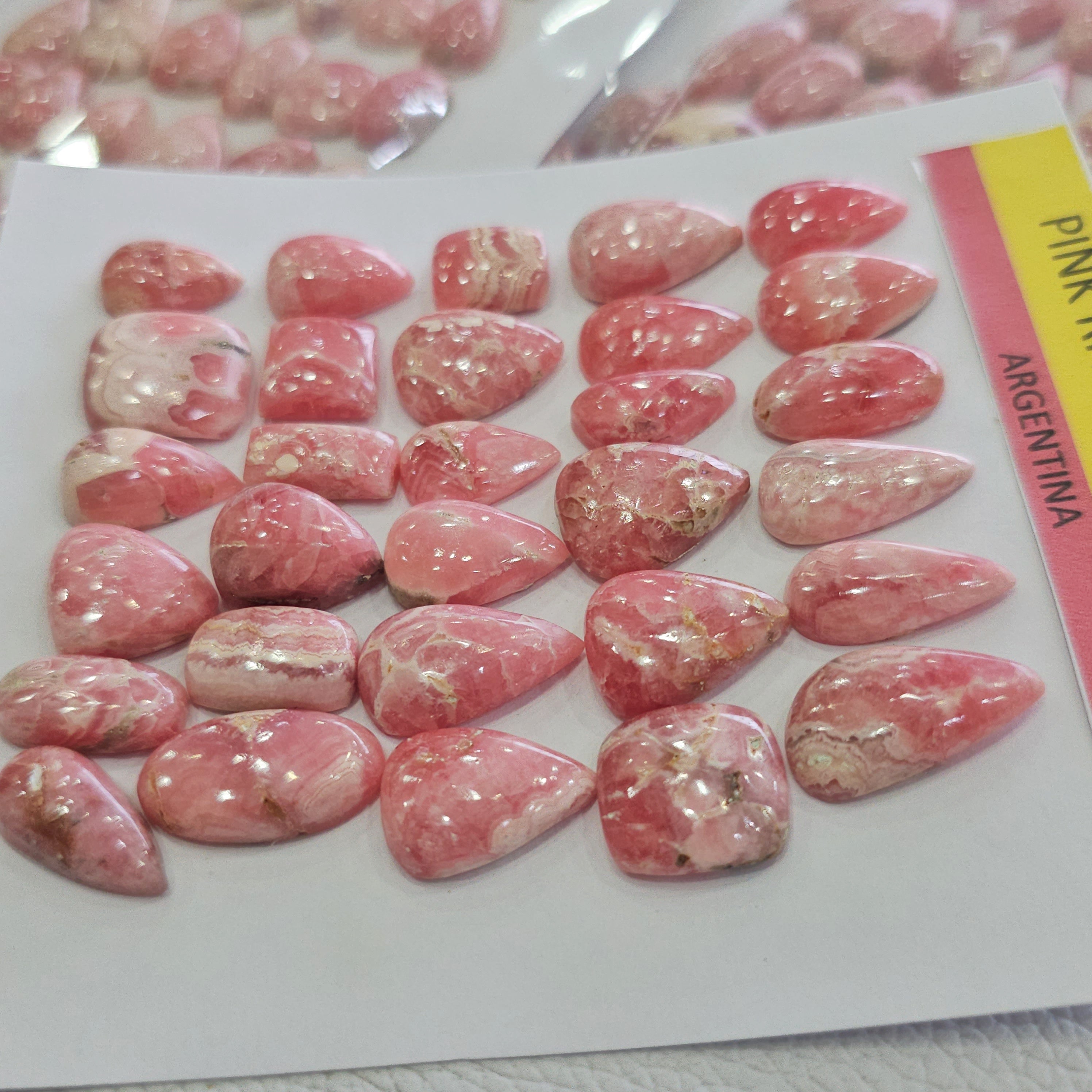1 Card of Natural Pink Rhodochrosite Cabochons | 10–20mm | Mixed Shapes