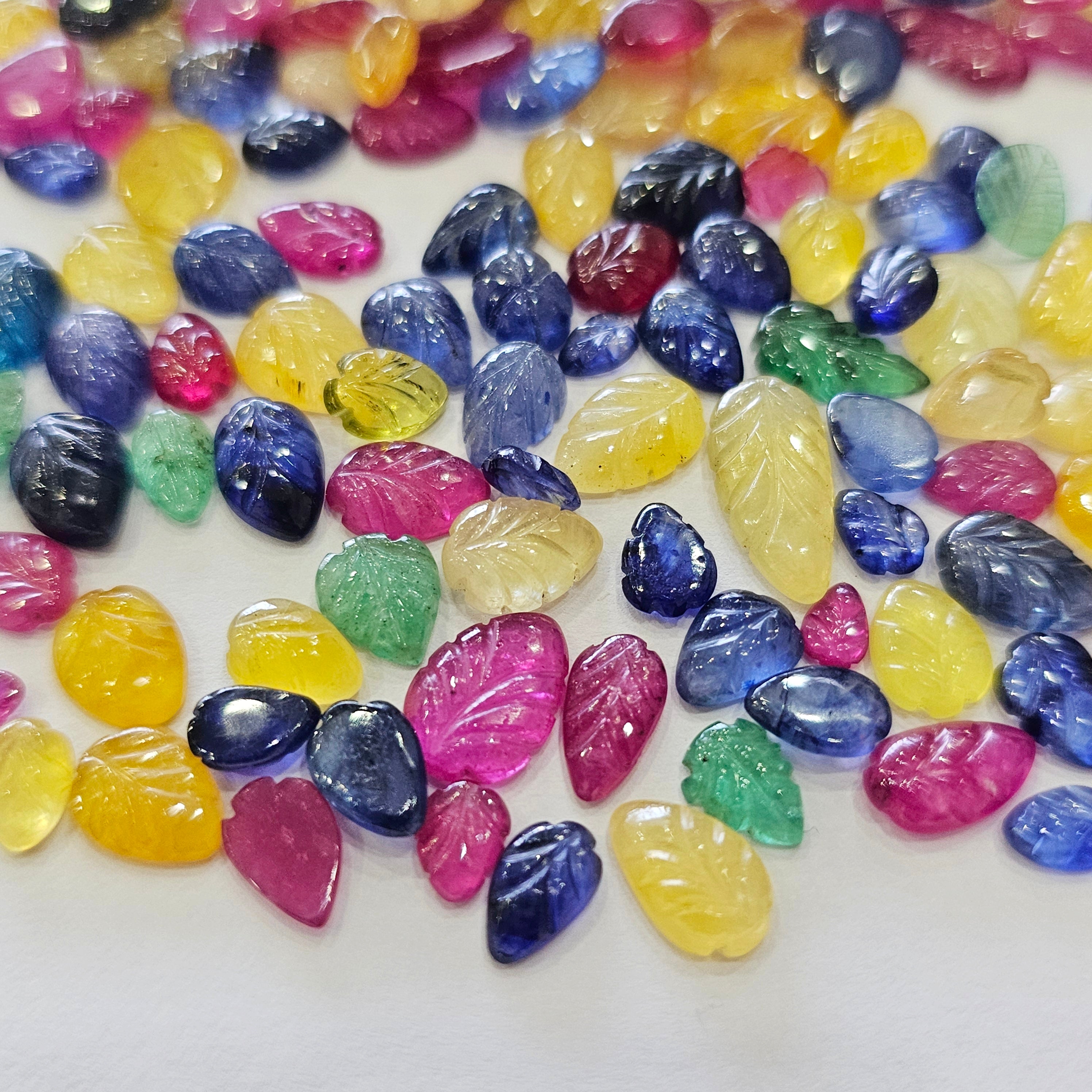 Week1: 20 Pcs Natural Precious Leaf Carved Gemstones | 7–10mm | Emerald, Ruby and Sapphire