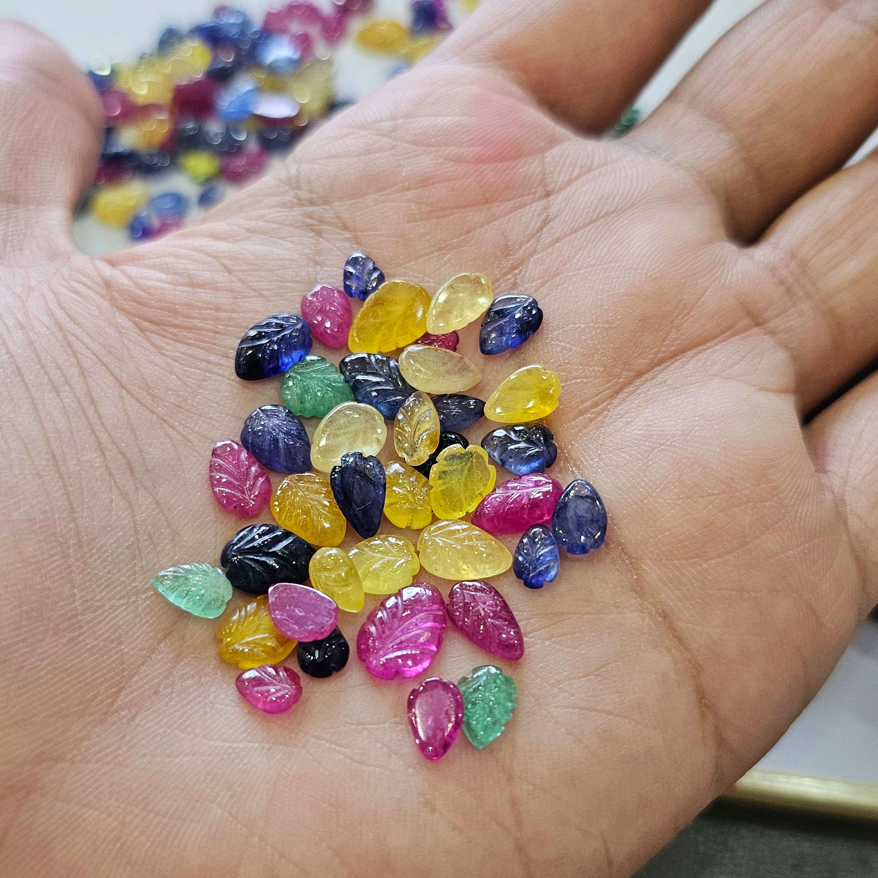 Week1: 20 Pcs Natural Precious Leaf Carved Gemstones | 7–10mm | Emerald, Ruby and Sapphire