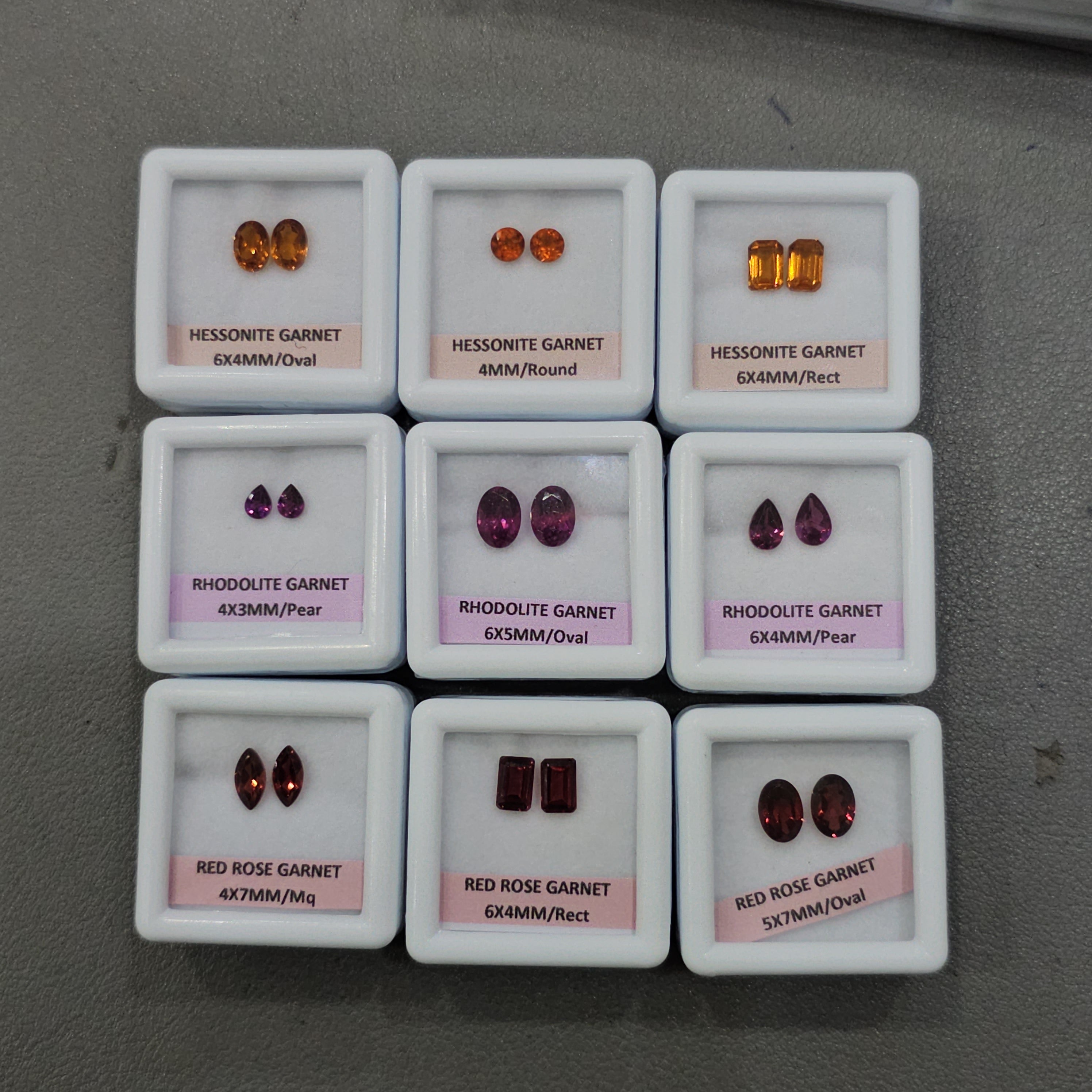 9 Pairs Natural Garnets Set | Red Rose, Hessonite & Rhodolite | 4–7mm | Faceted | With Boxes