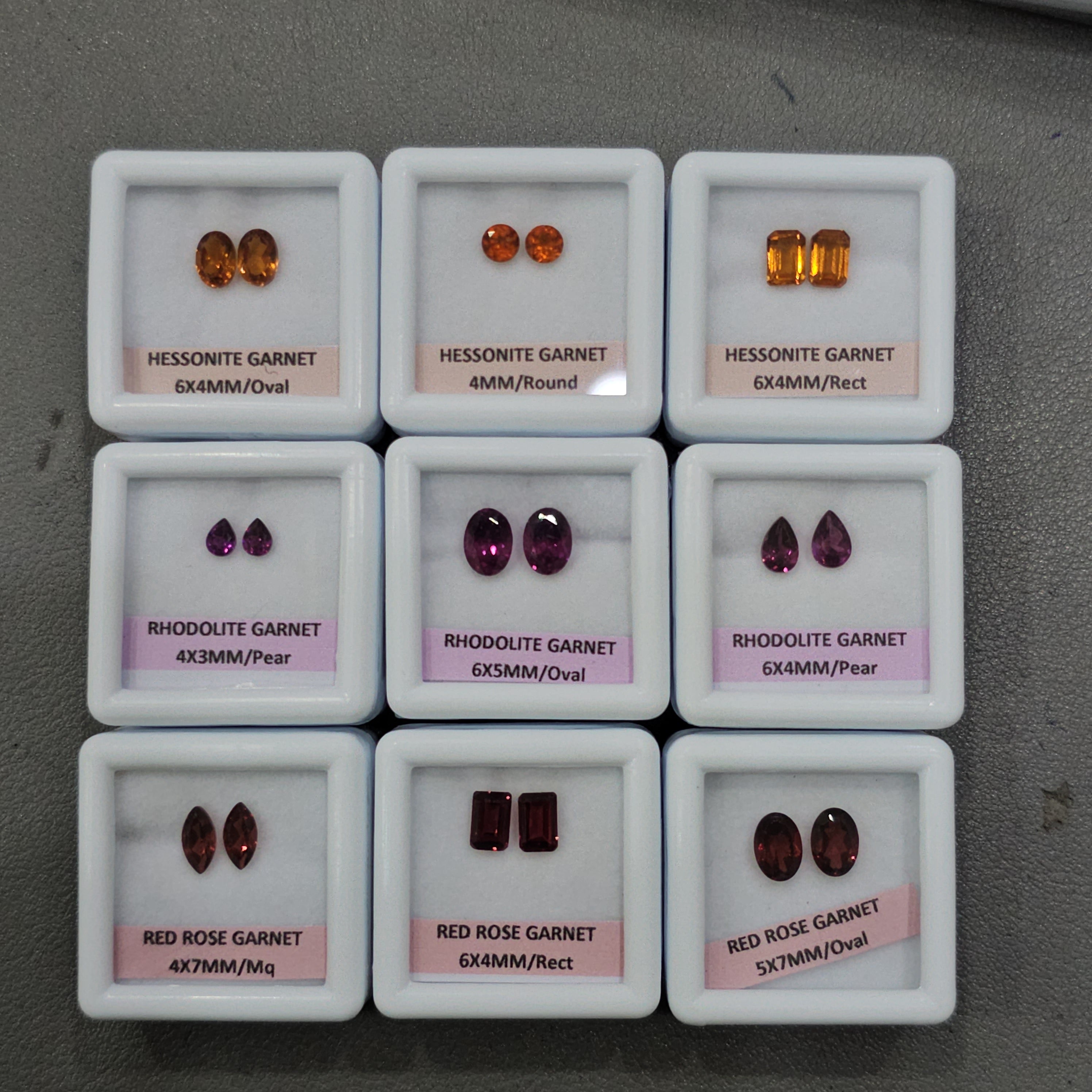 9 Pairs Natural Garnets Set | Red Rose, Hessonite & Rhodolite | 4–7mm | Faceted | With Boxes