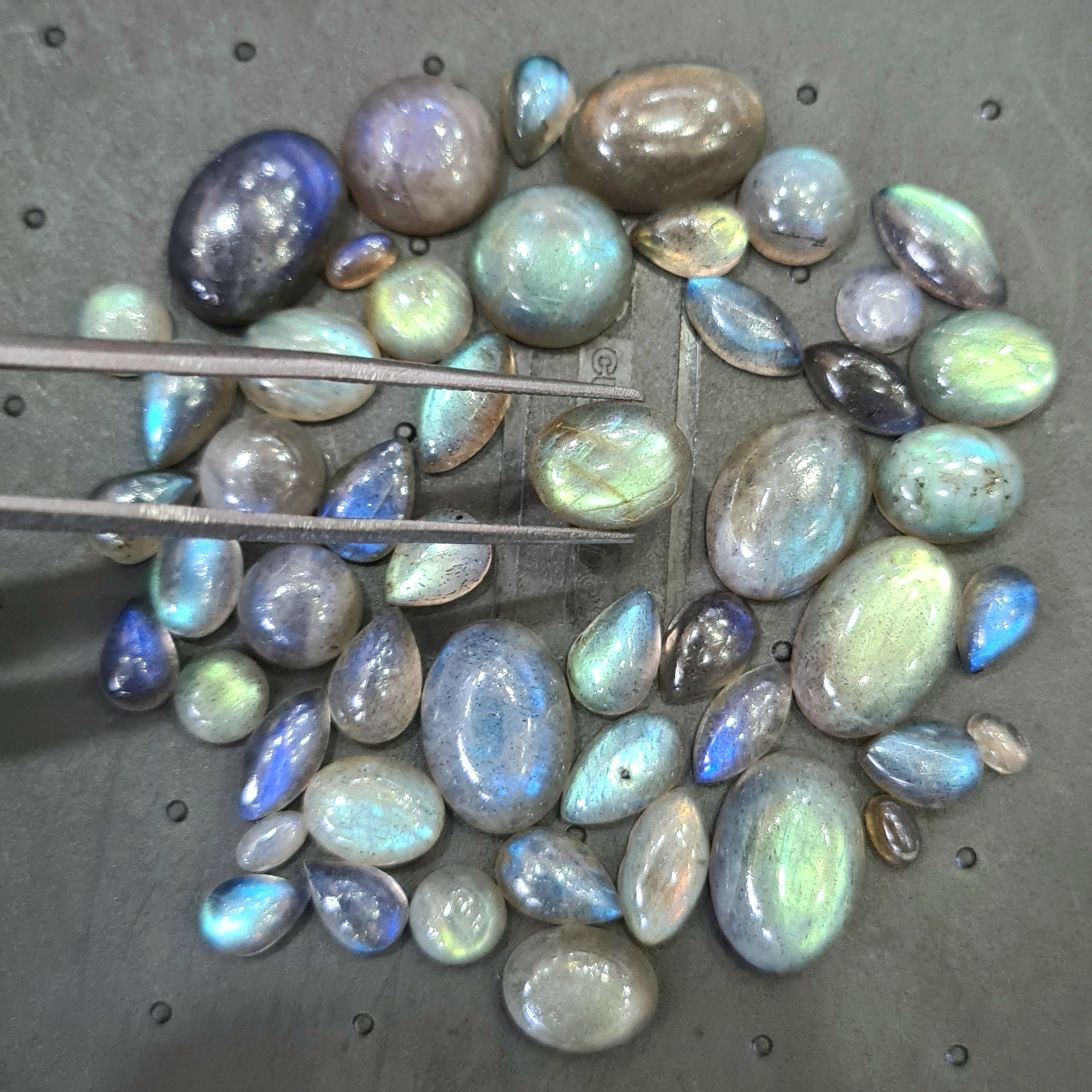 50 Pcs Natural Labradorite Cabochons | 5-14mm | Shape: Oval Pear Round And Marquise - The LabradoriteKing