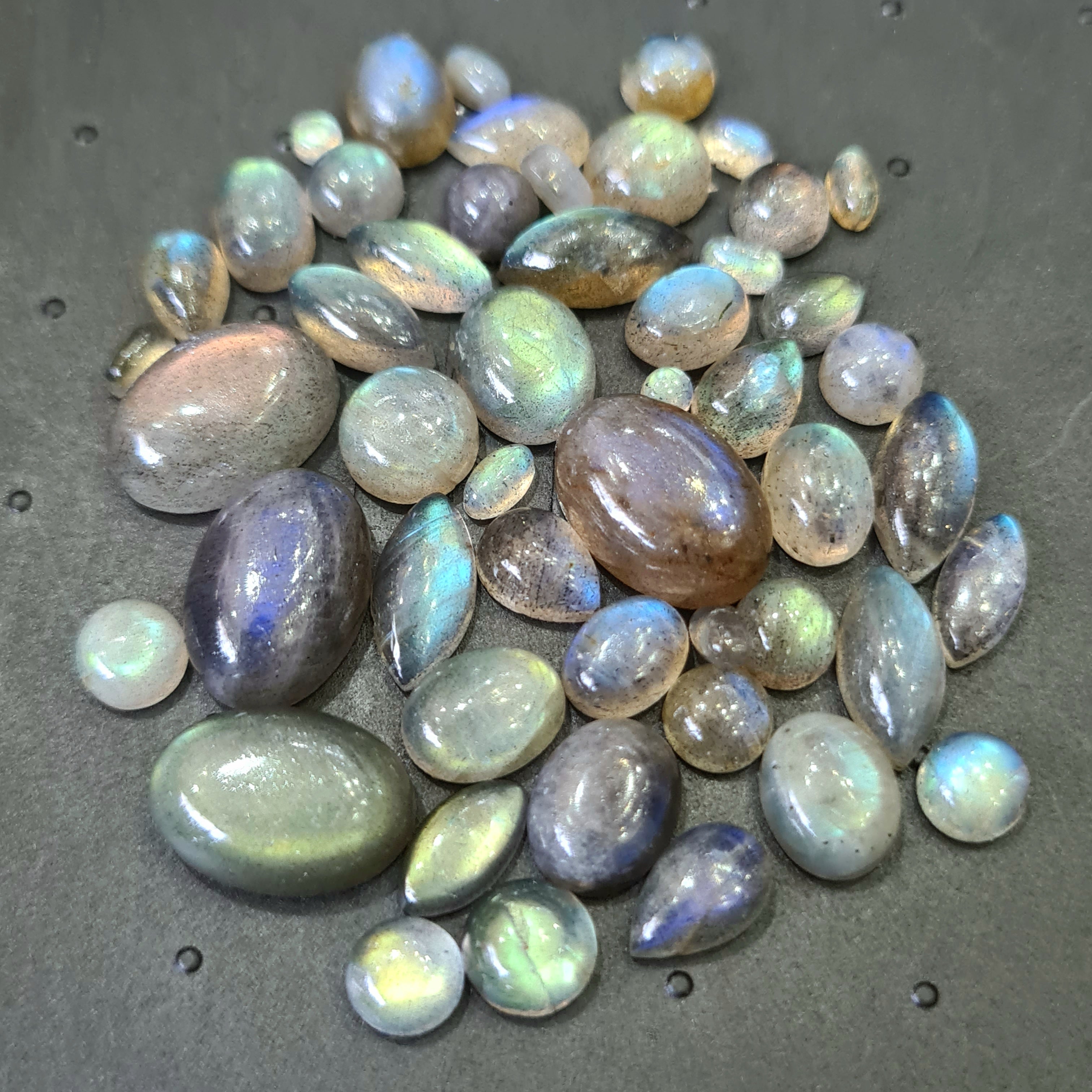 50 Pcs Natural Labradorite Cabochons | 3-14mm | Shape: Oval Pear Round  Marquise And Rectangle - The LabradoriteKing