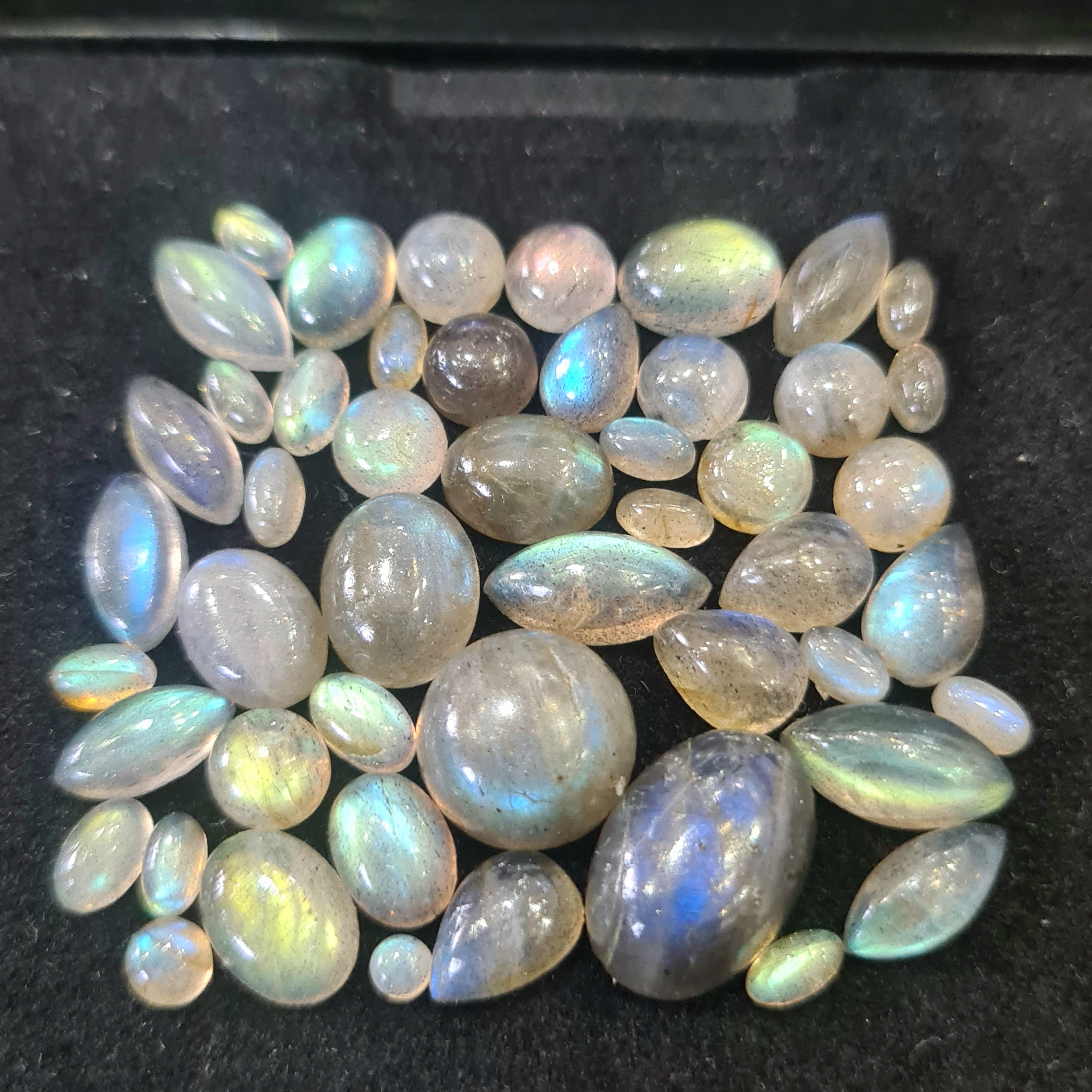 50 Pcs Natural Labradorite Cabochons | 5-14mm | Shape: Oval Pear Round And Marquise - The LabradoriteKing