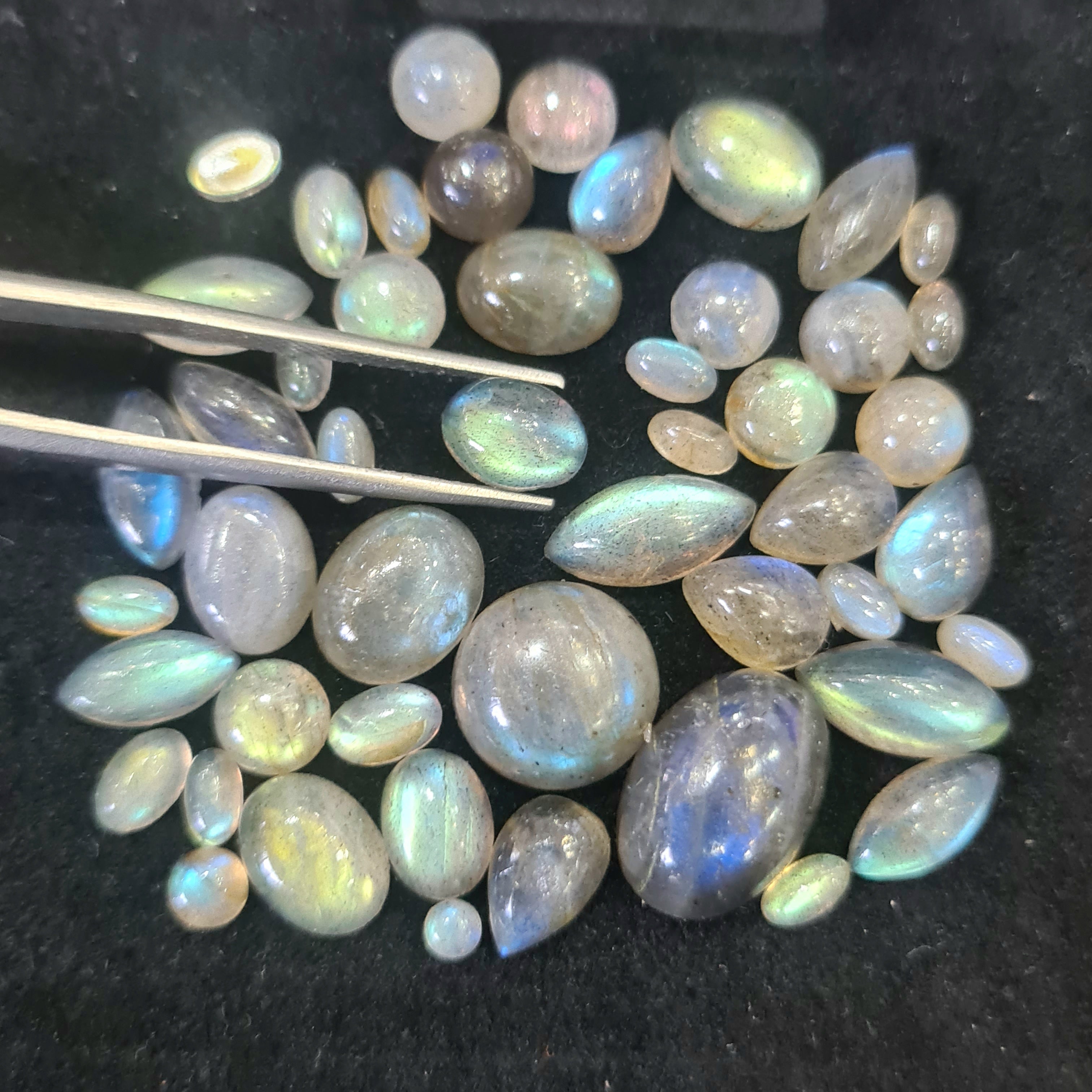 50 Pcs Natural Labradorite Cabochons | 5-14mm | Shape: Oval Pear Round And Marquise - The LabradoriteKing