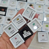 Each gemstone comes in its own labeled glass display box