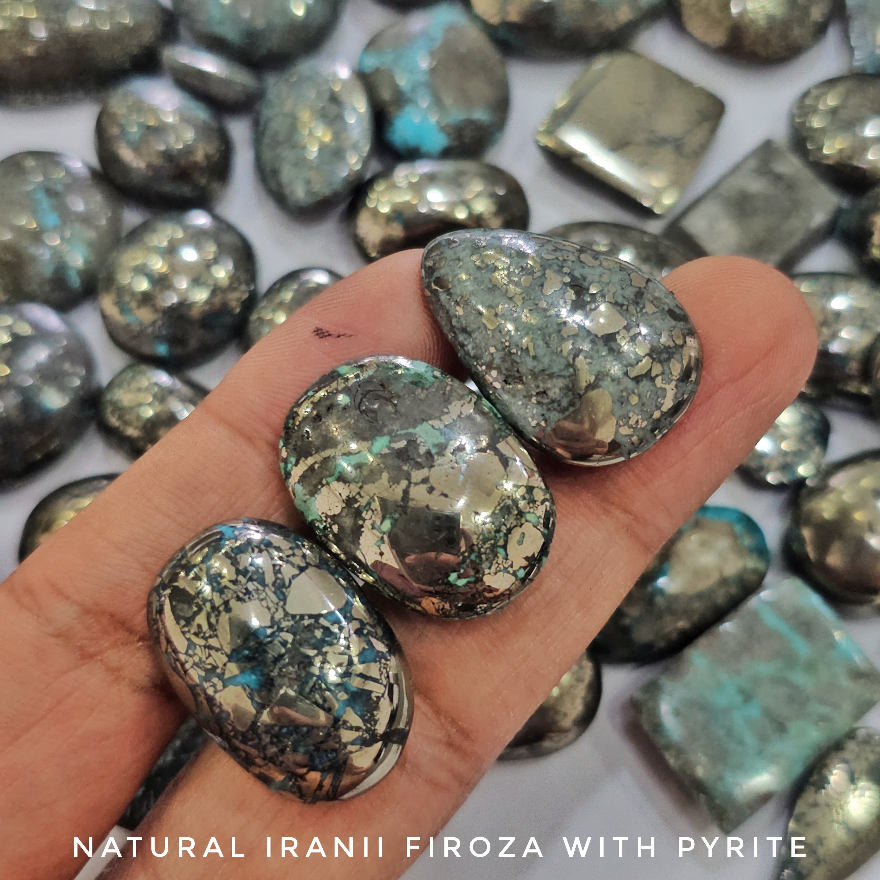 100 Gram sof Natural Pyrite Over Turqouise Cabochons |15-18 Pcs | 15-30mm