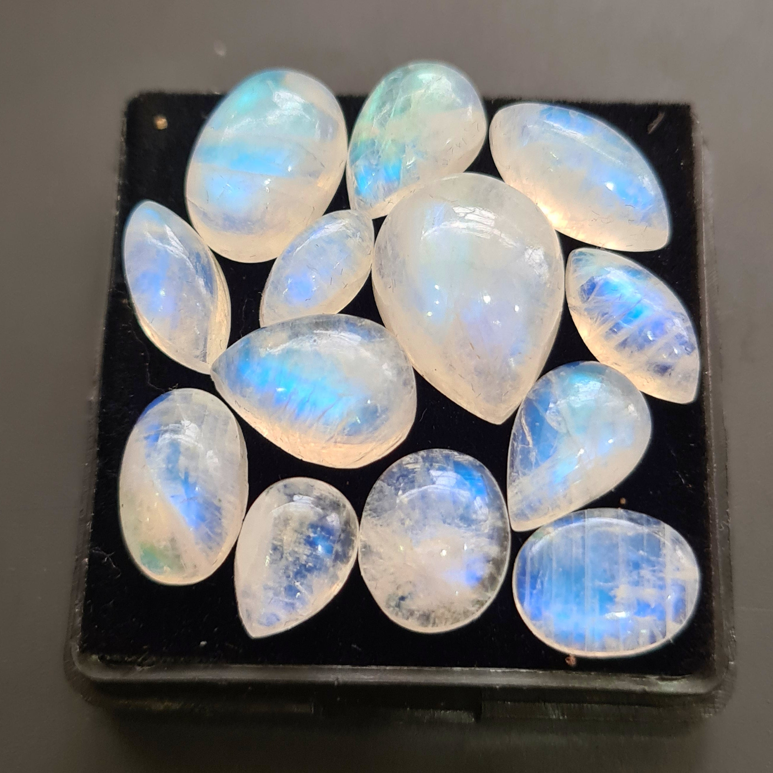 13 Pcs Natural Rainbow Moonstone Cabochons |10-16mm | Shape: Mix