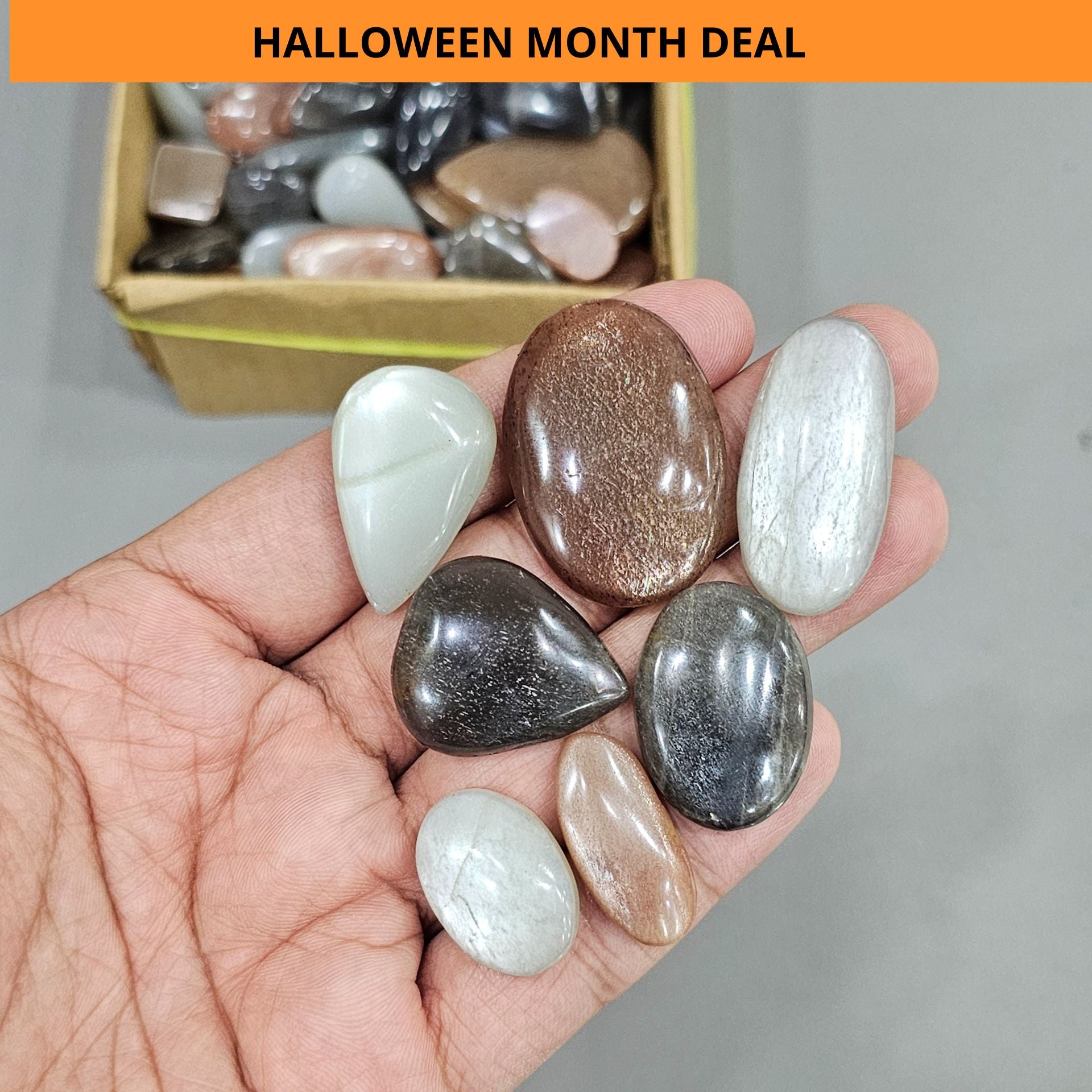 250 Gram/500 Gram of Peach, Gray & Black Moonstones with Flash Cabochon | 1" to 2" Inches | 40-60Pcs - The LabradoriteKing