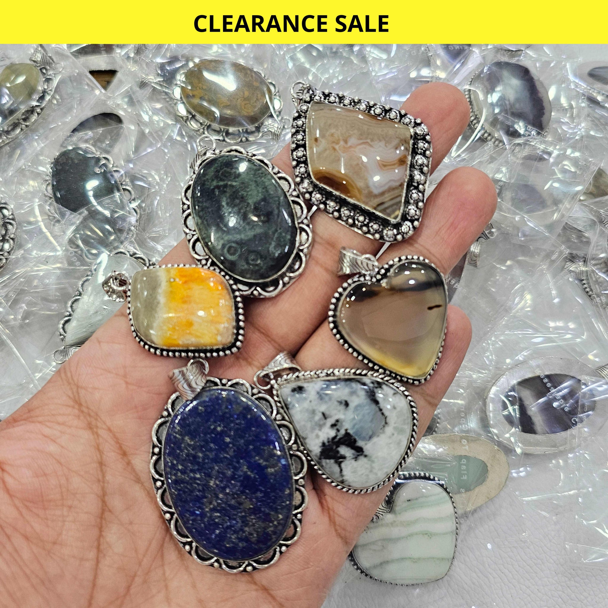 25 Pcs Random pick Gemstone Pendants | Silver Plated | Mixed Stones ...
