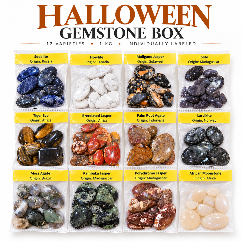 Halloween Gemstone Cabochon Box | 12 Varieties, 1KG | Labeled Natural Stone:  Iolite, Moonstone, Larvikite More - The LabradoriteKing