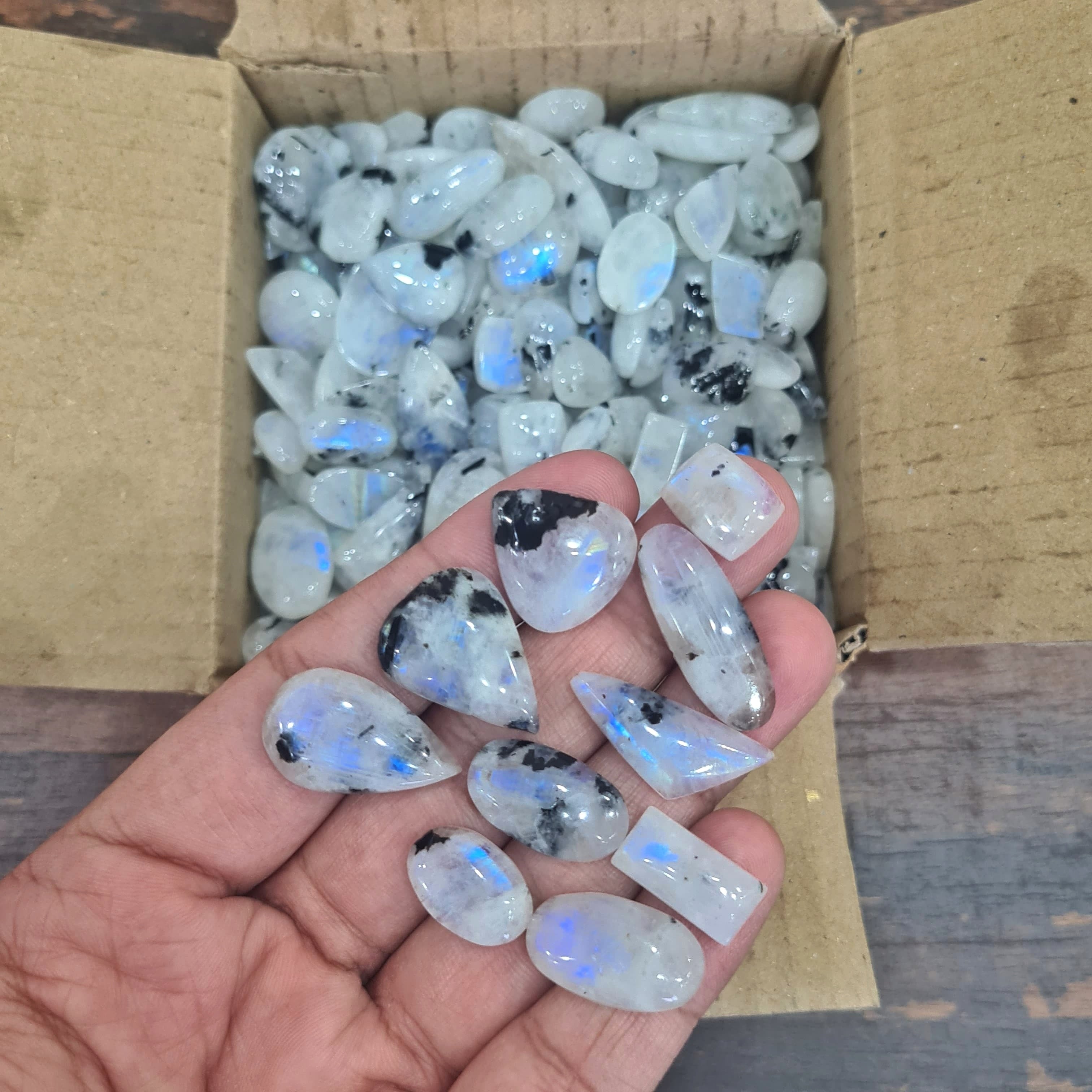 50 Pcs of Rainbow Moonstone /Black Tourmaline cabochons 10-25mm - The LabradoriteKing