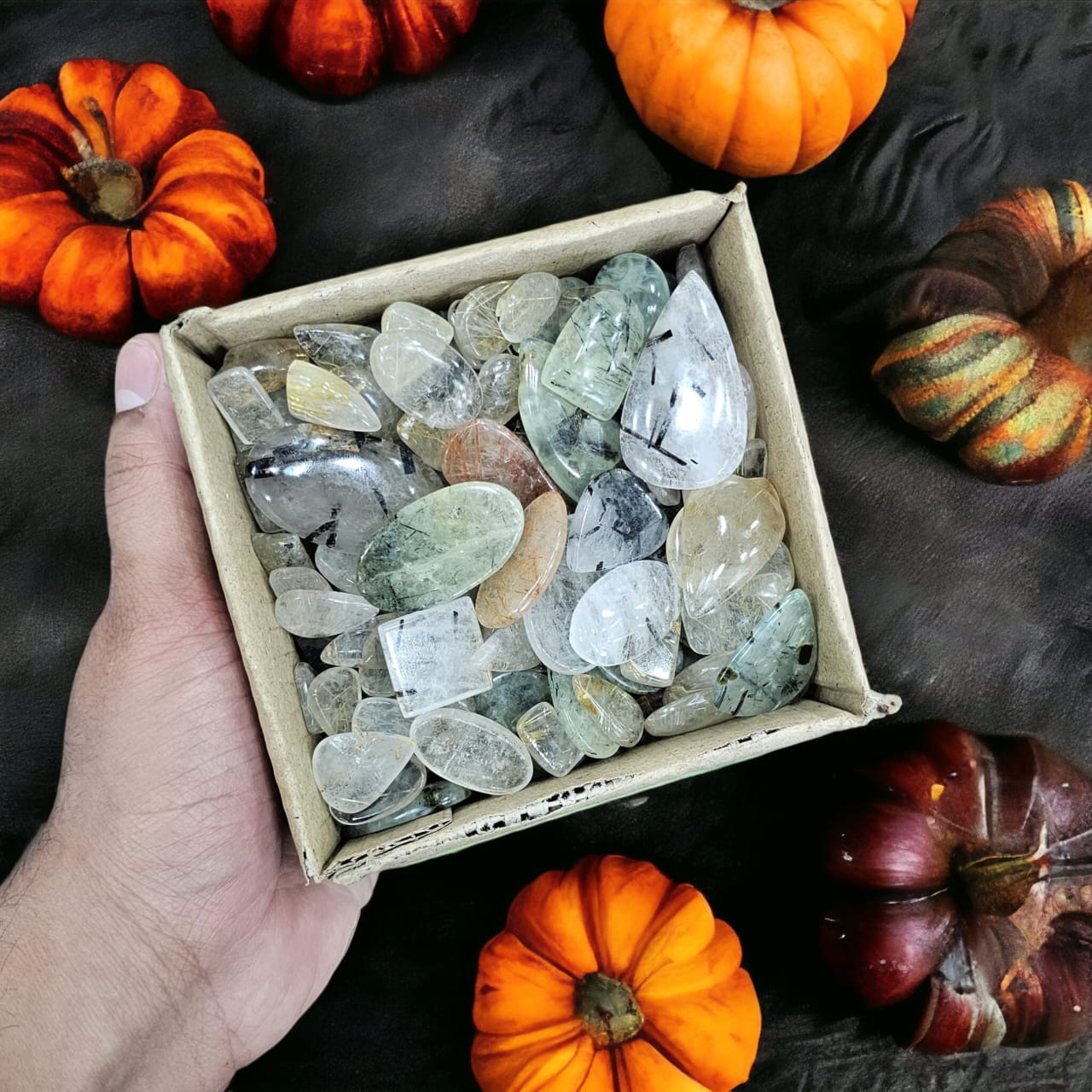 50 Pcs Of Black Rutilated Quartz / Prehnite Quartz | 18mm to 40mm - The LabradoriteKing