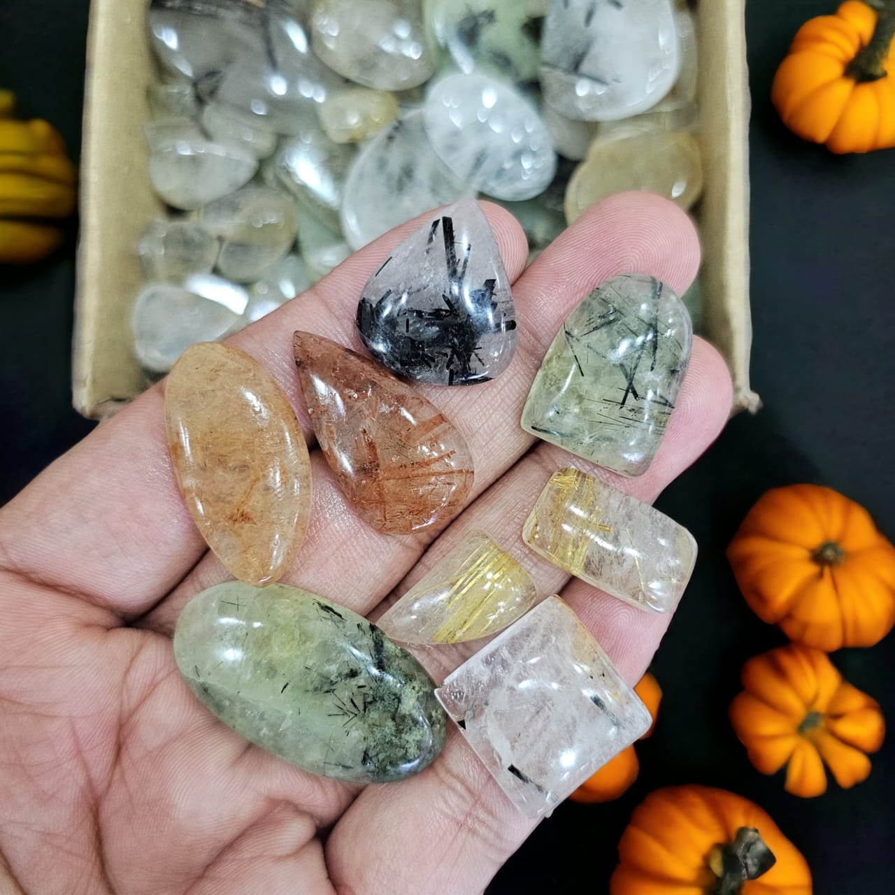 50 Pcs Of Black Rutilated Quartz / Prehnite Quartz | 18mm to 40mm - The LabradoriteKing