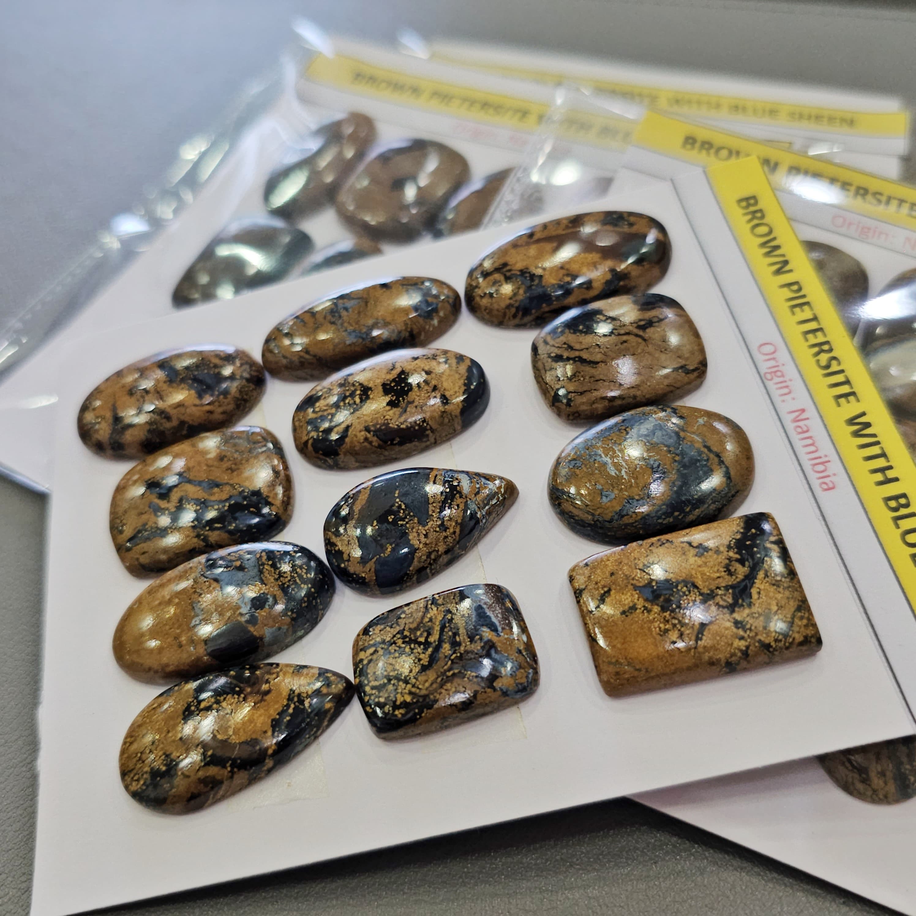 1 Card of Natural Brown Pietersite With Blue Sheen Cabochons | 17–30mm | Mixed Shapes