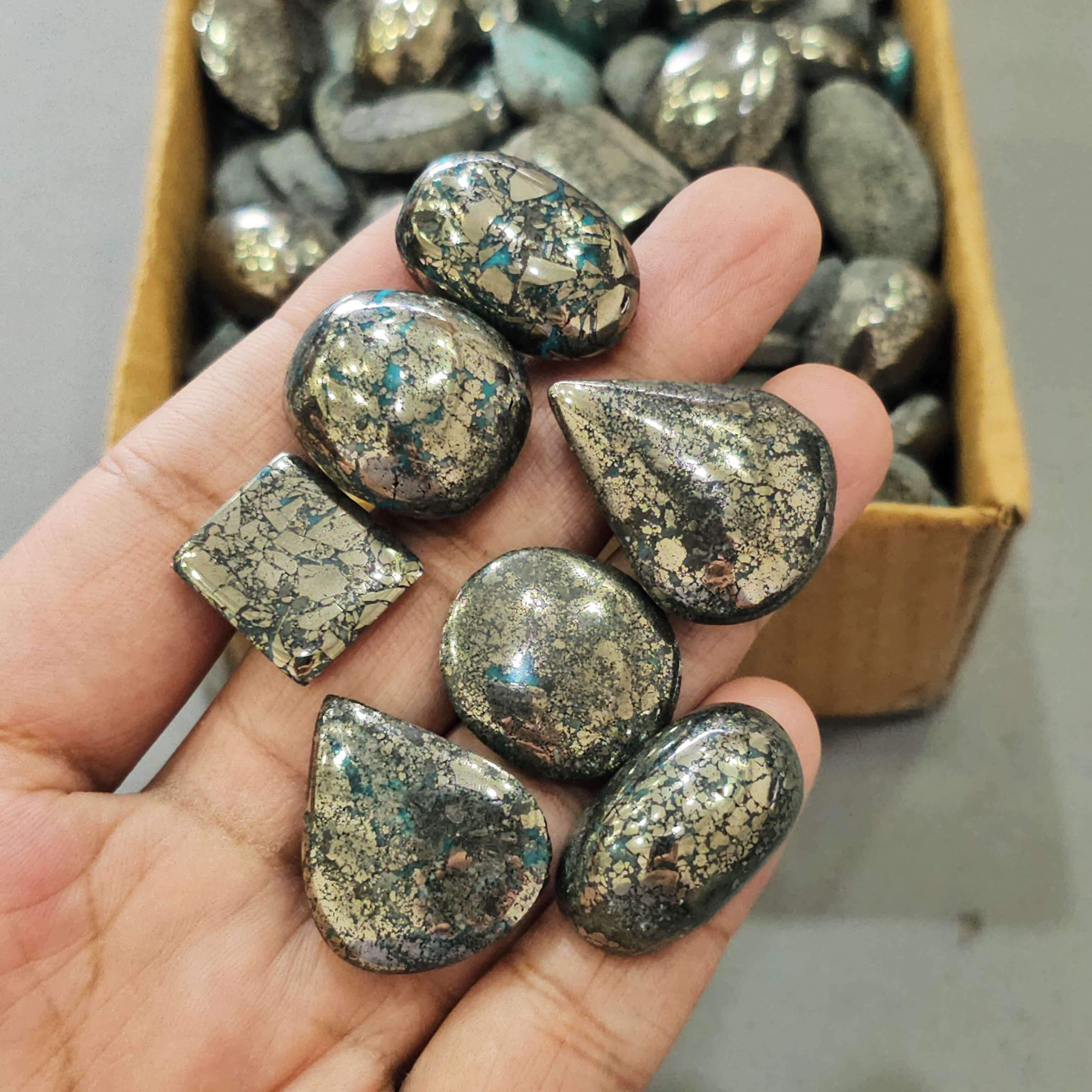 300 Gram of Natural Pyrite Over Turqouise Cabochons | 35-50 Pcs | 15-35mm