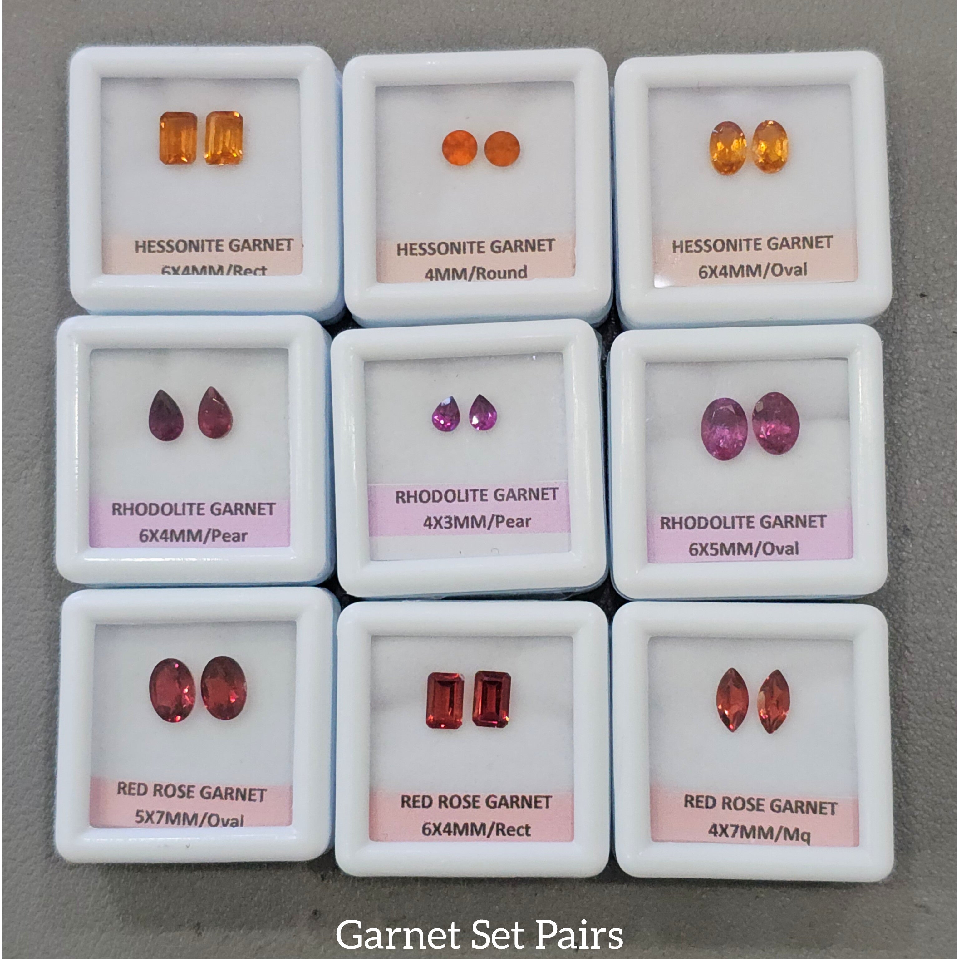 9 Pairs Natural Garnets Set | Red Rose, Hessonite & Rhodolite | 4–7mm | Faceted | With Boxes