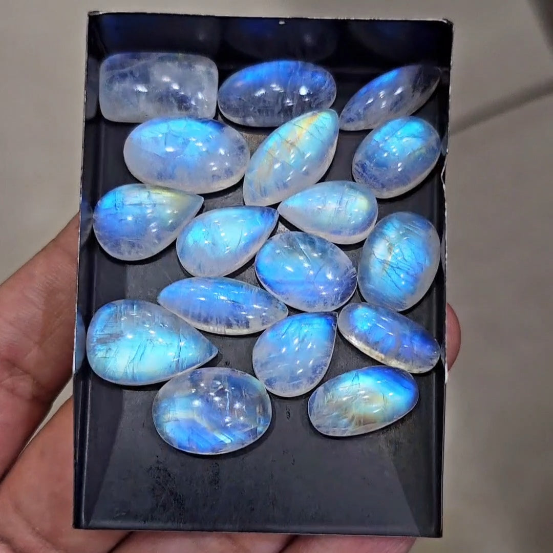17Pcs Natural Rainbow Moonstone Cabochons | 16-21mm | Shape: Mix - The LabradoriteKing