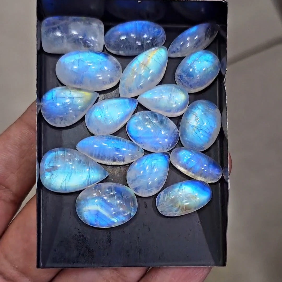 17Pcs Natural Rainbow Moonstone Cabochons | 16-21mm | Shape: Mix - The LabradoriteKing