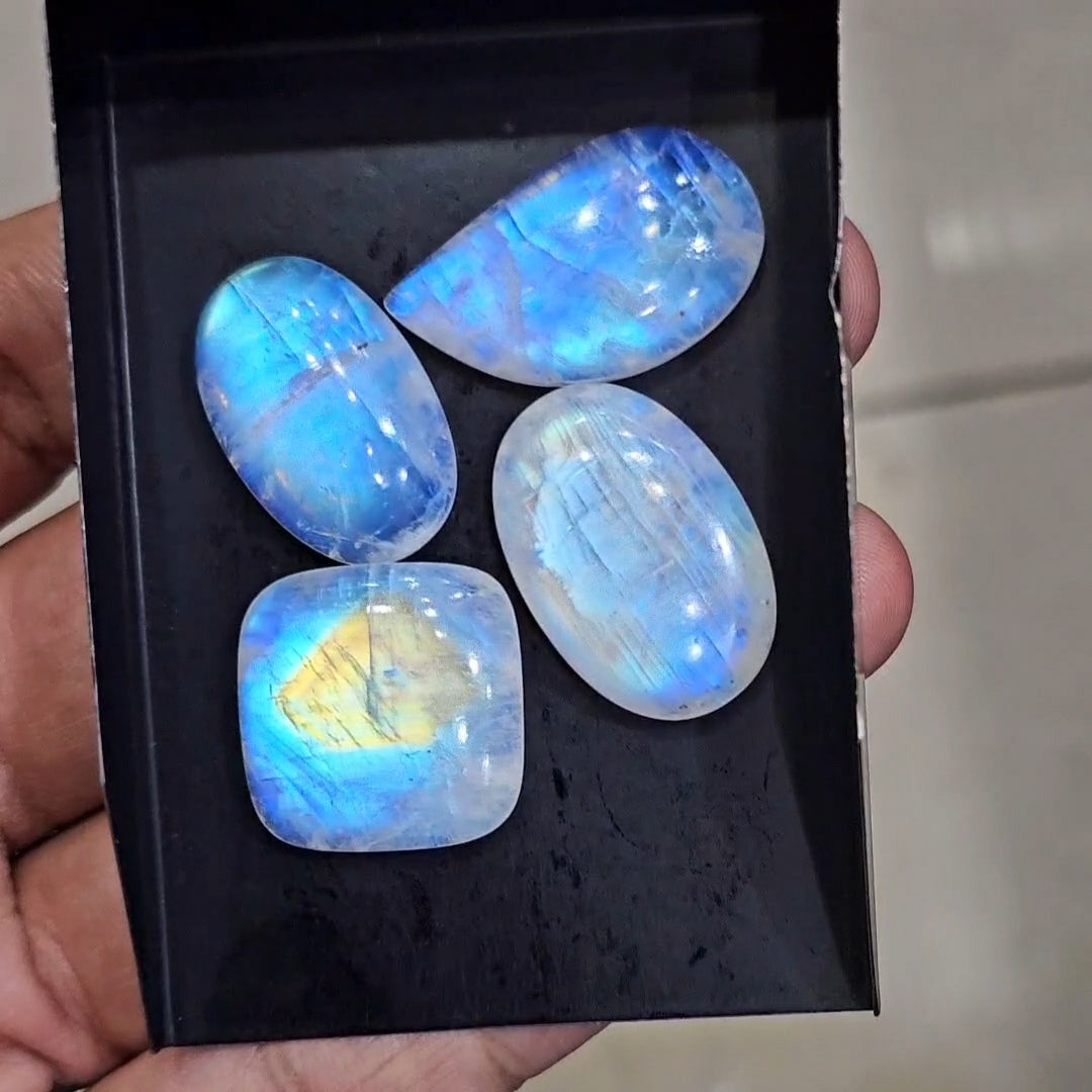4Pcs Natural Rainbow Moonstone Cabochons | 22-29mm | Shape: Mix - The LabradoriteKing
