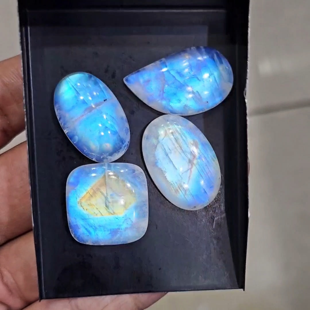4Pcs Natural Rainbow Moonstone Cabochons | 22-29mm | Shape: Mix - The LabradoriteKing