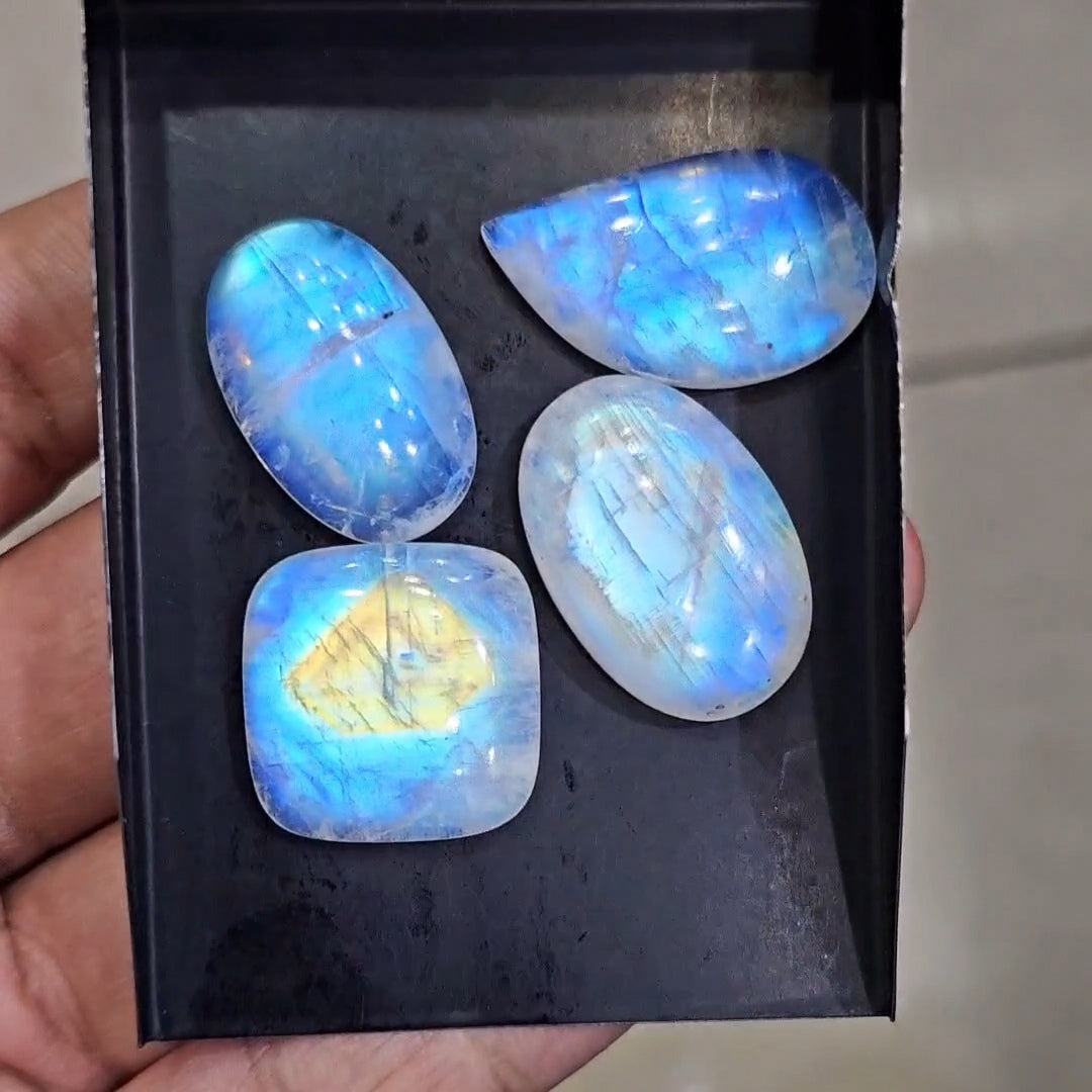 4Pcs Natural Rainbow Moonstone Cabochons | 22-29mm | Shape: Mix - The LabradoriteKing