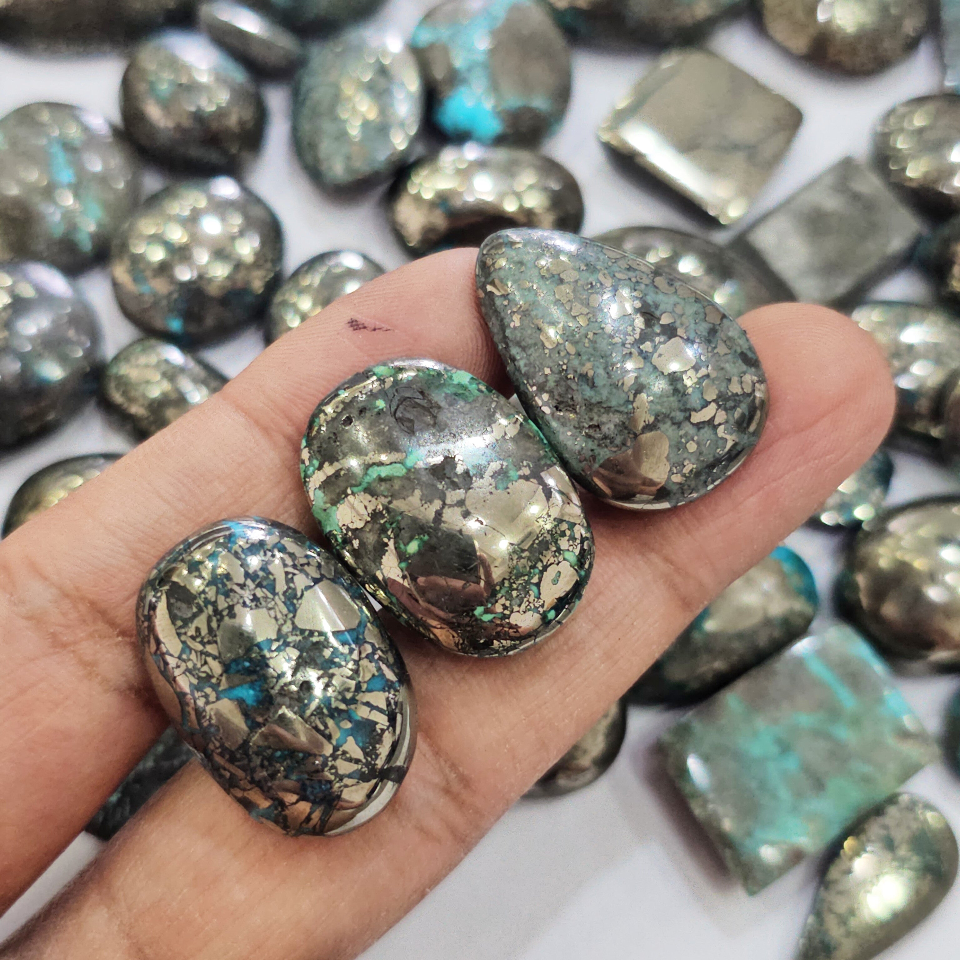 100 Gram sof Natural Pyrite Over Turqouise Cabochons |15-18 Pcs | 15-30mm