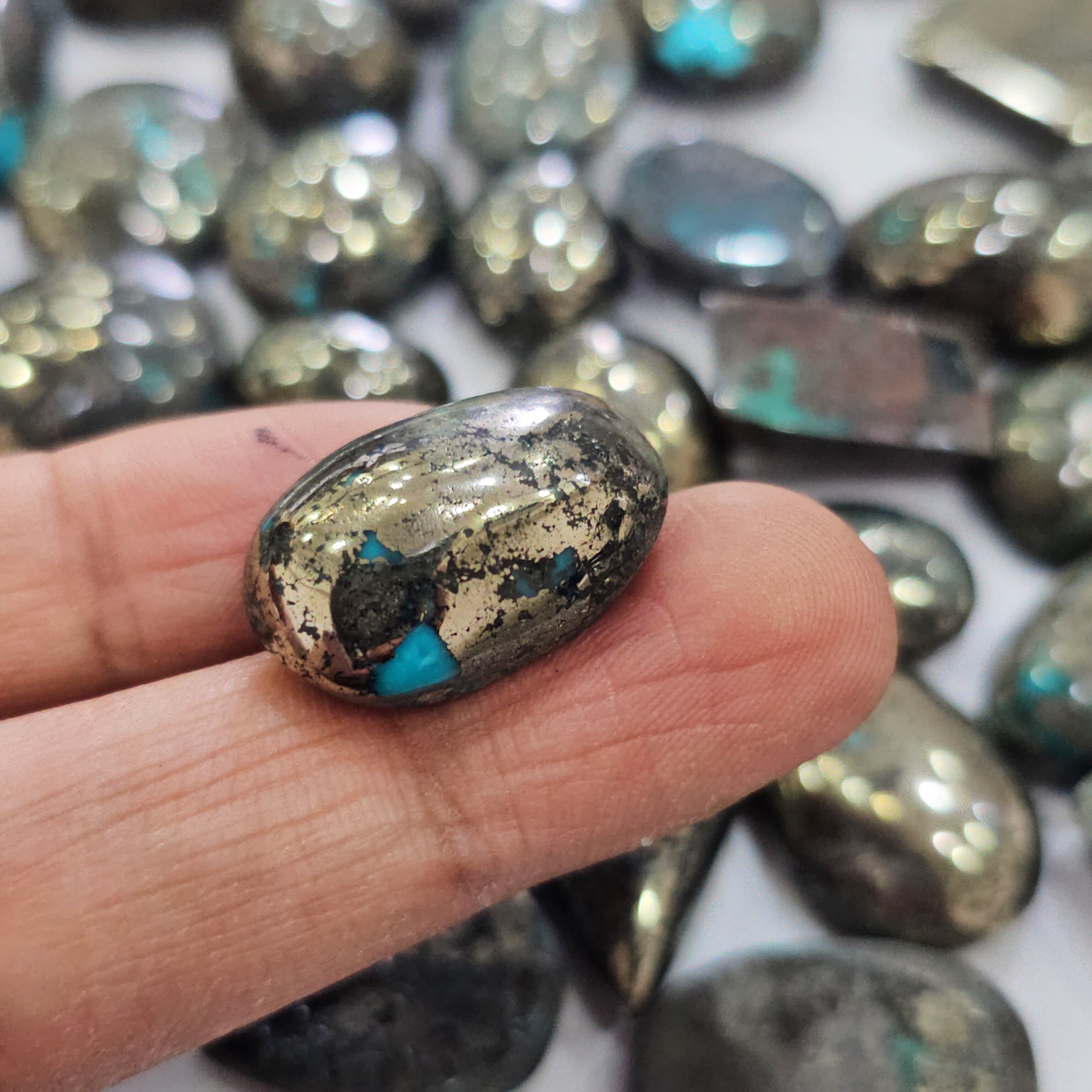 100 Gram sof Natural Pyrite Over Turqouise Cabochons |15-18 Pcs | 15-30mm