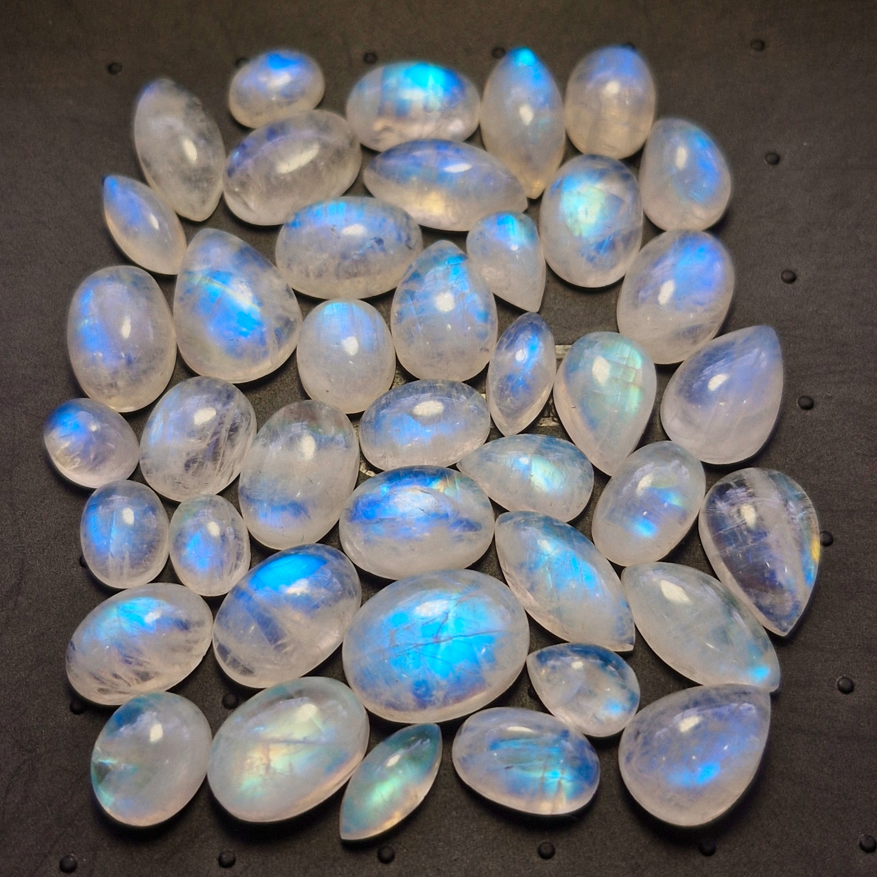 41 Pcs Natural Rainbow Moonstone Cabochons | 9-16mm | Shape: Mix - The LabradoriteKing