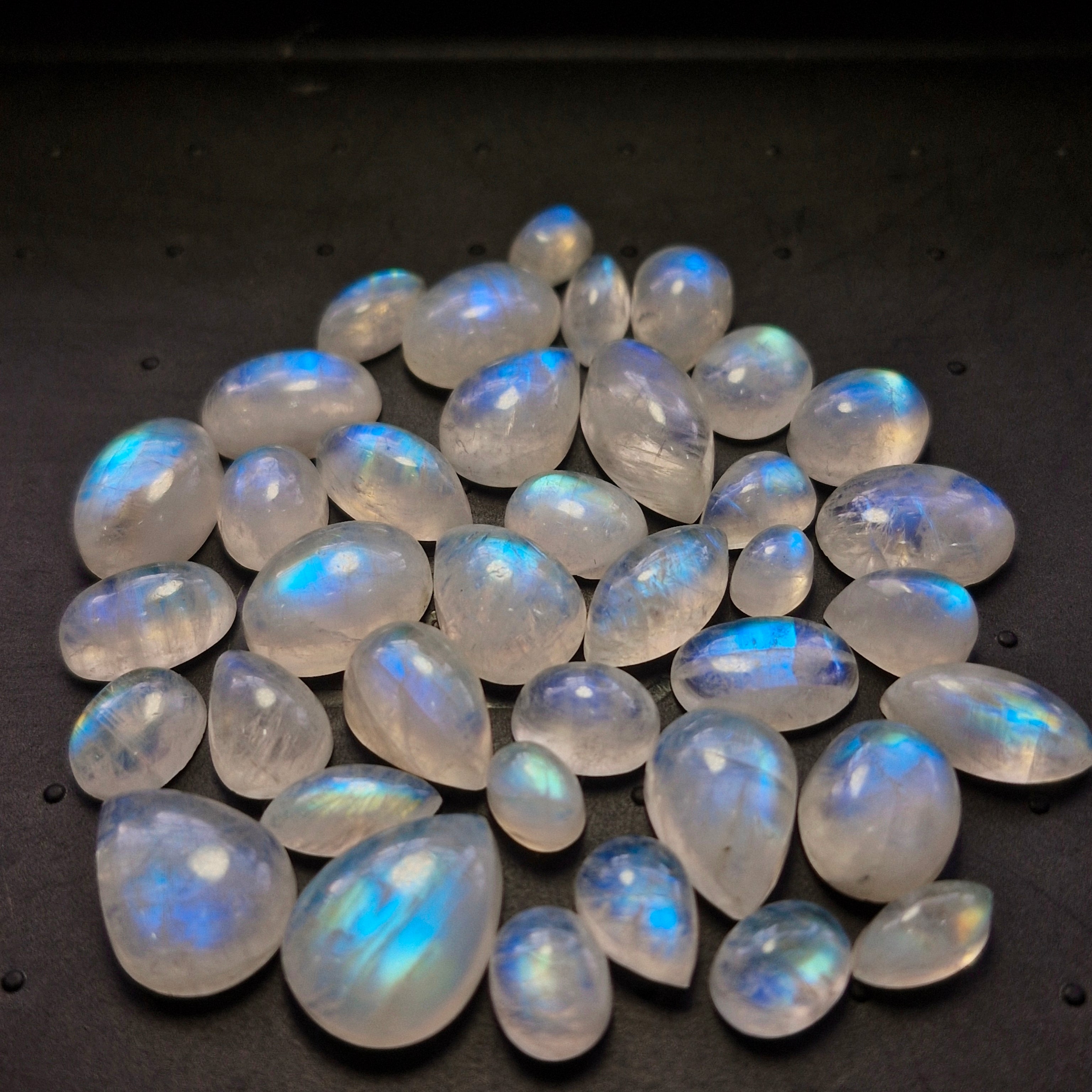 38Pcs Natural Rainbow Moonstone Cabochons | 7-18mm | Shape: Mix - The LabradoriteKing