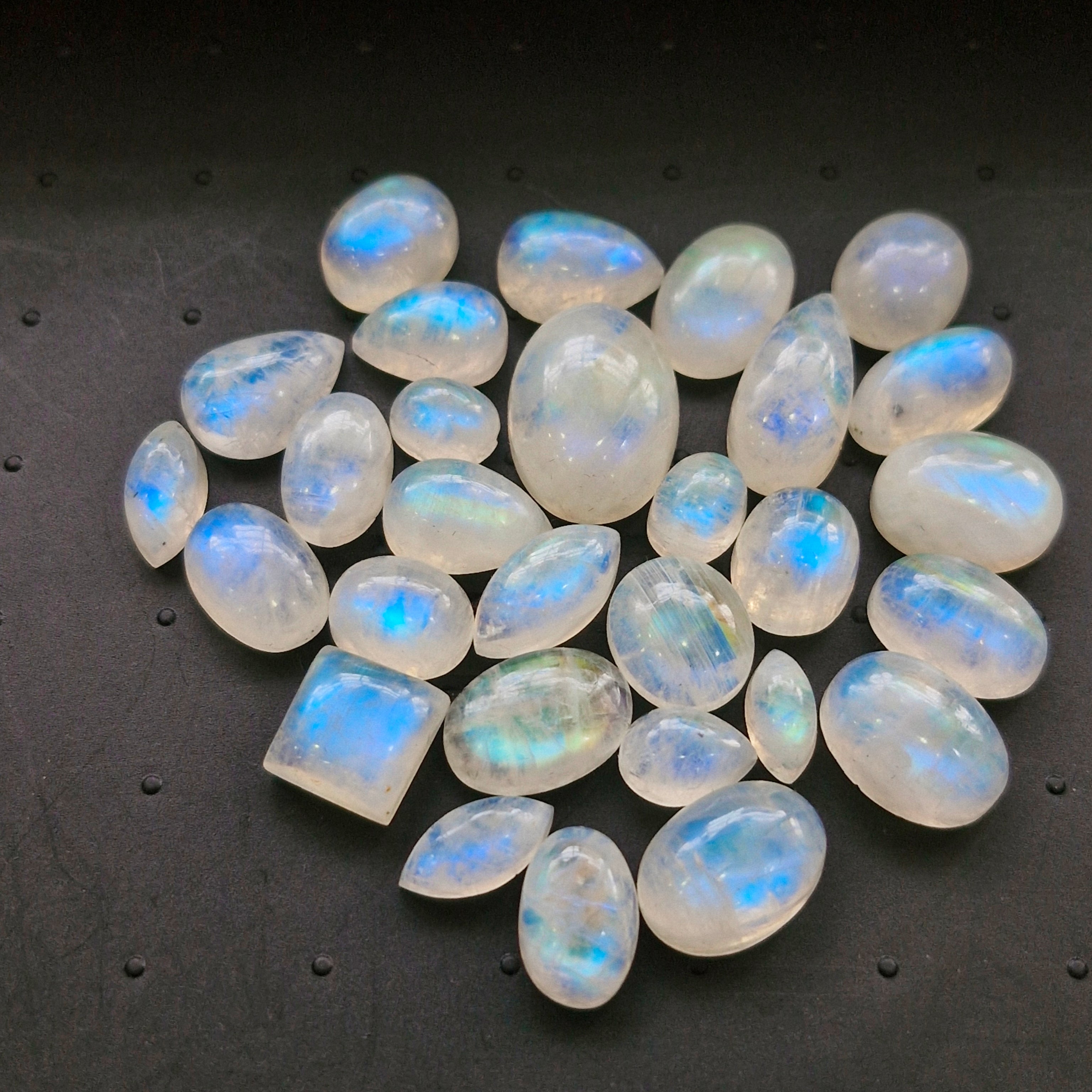 29Pcs Natural Rainbow Moonstone Cabochons | 8-18mm | Shape: Mix - The LabradoriteKing