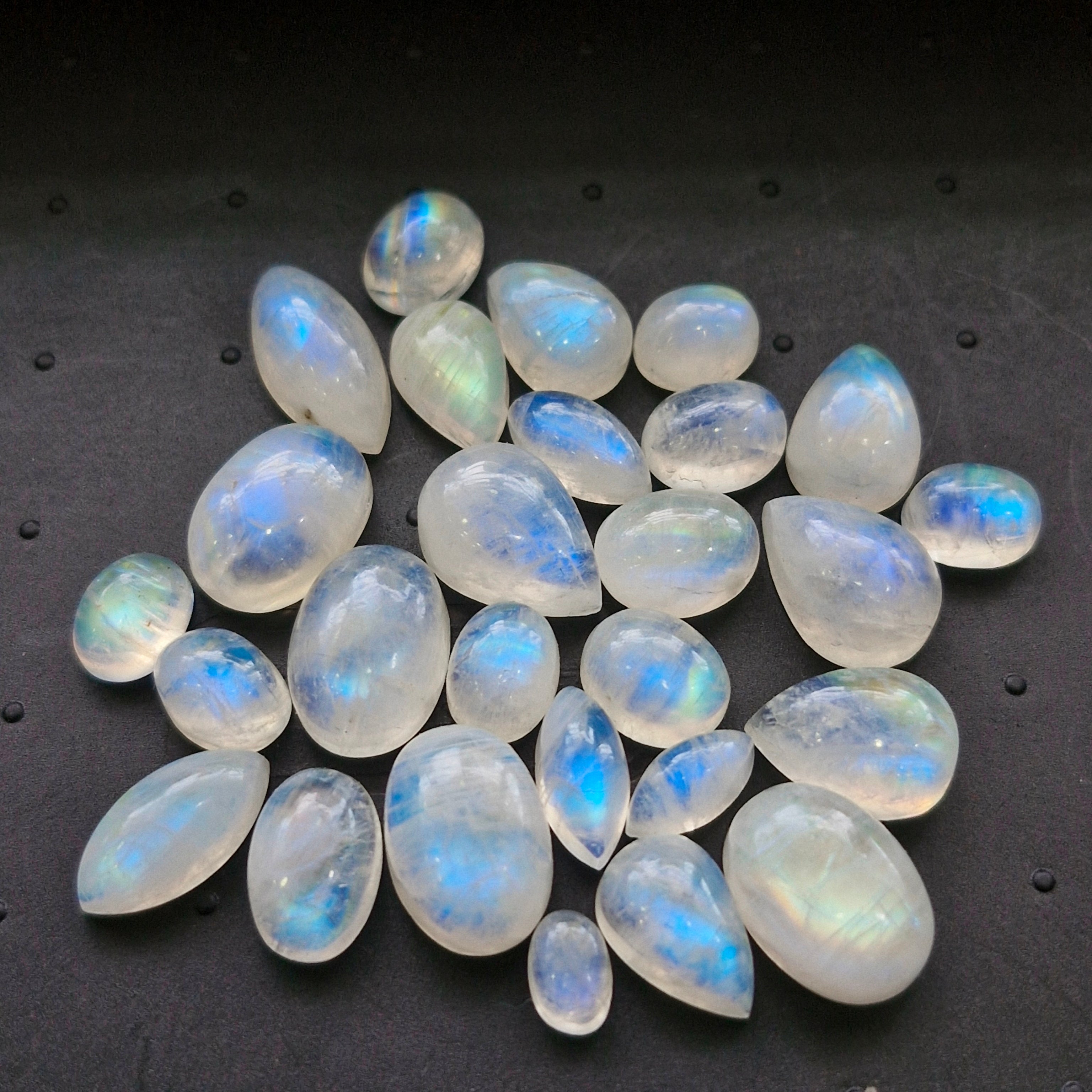 27Pcs Natural Rainbow Moonstone Cabochons | 7-16mm | Shape: Mix - The LabradoriteKing