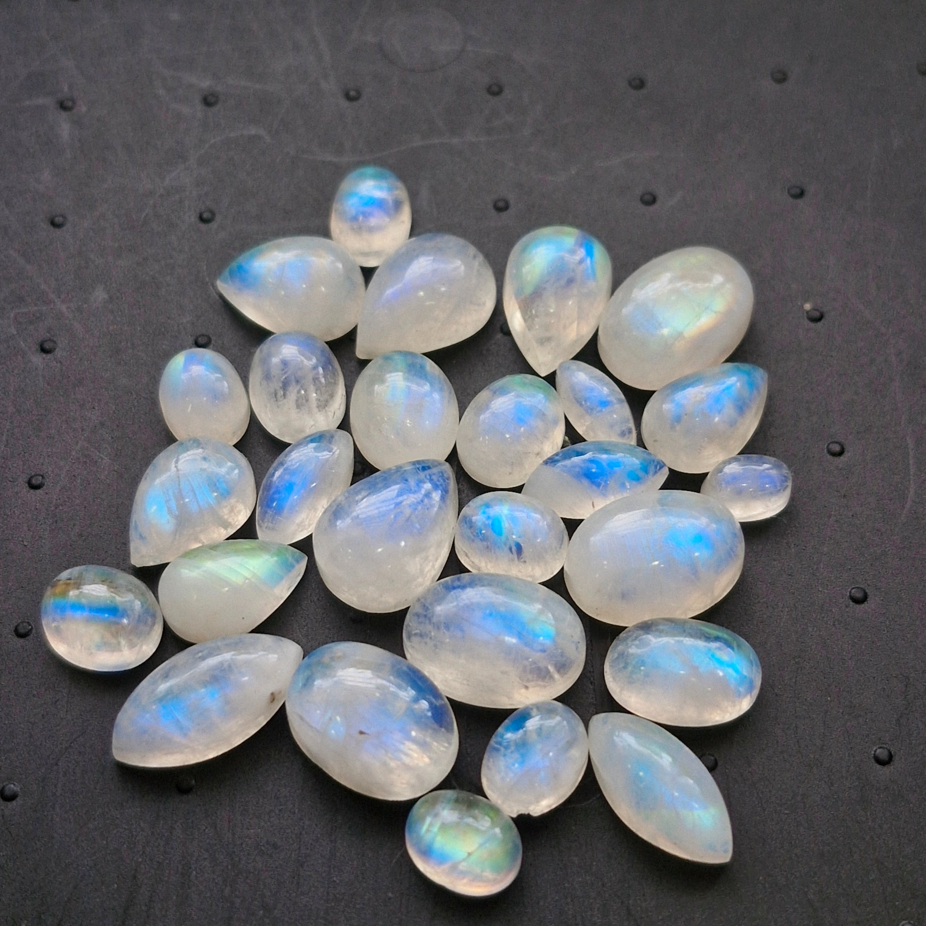 27Pcs Natural Rainbow Moonstone Cabochons | 7-16mm | Shape: Mix - The LabradoriteKing