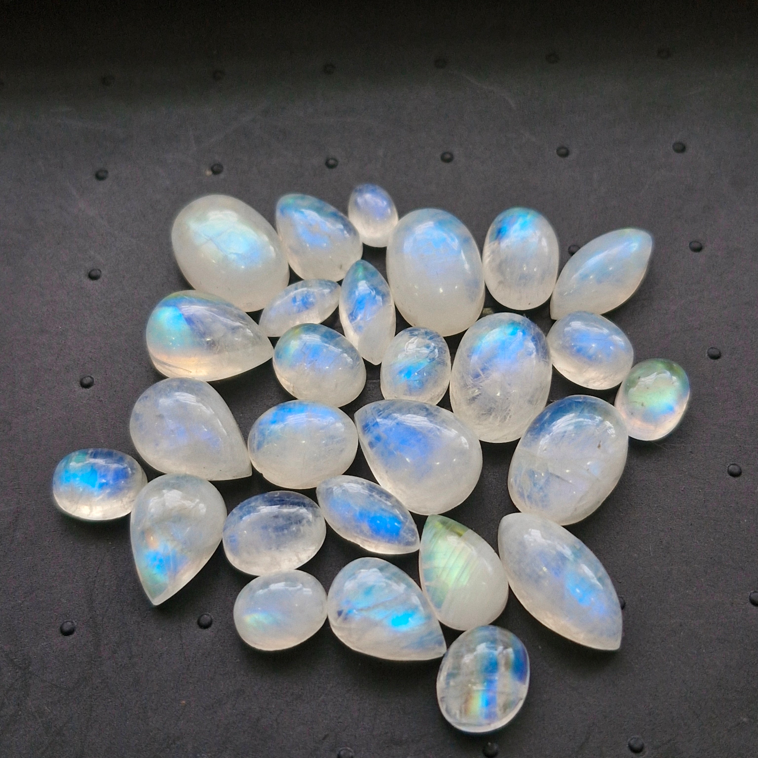 27Pcs Natural Rainbow Moonstone Cabochons | 7-16mm | Shape: Mix - The LabradoriteKing