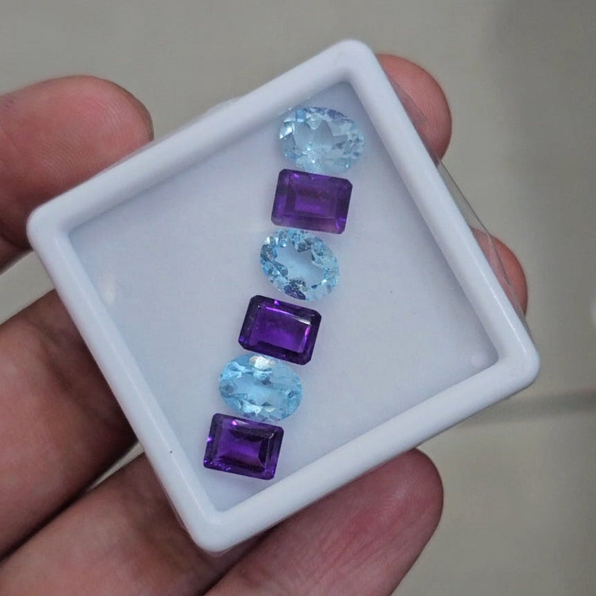 6 Pcs Of Natural Amethyst & Blue Topaz Faceted | Shape: Mix | Size: 8-9mm