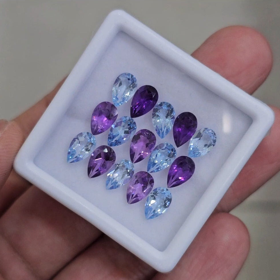 15 Pcs Of Natural Amethyst Faceted & Blue Topaz | Shape: Pear | Size: 8x5mm