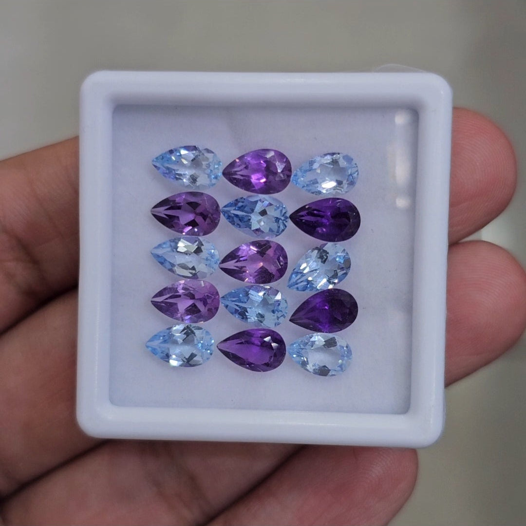 15 Pcs Of Natural Amethyst Faceted & Blue Topaz | Shape: Pear | Size: 8x5mm
